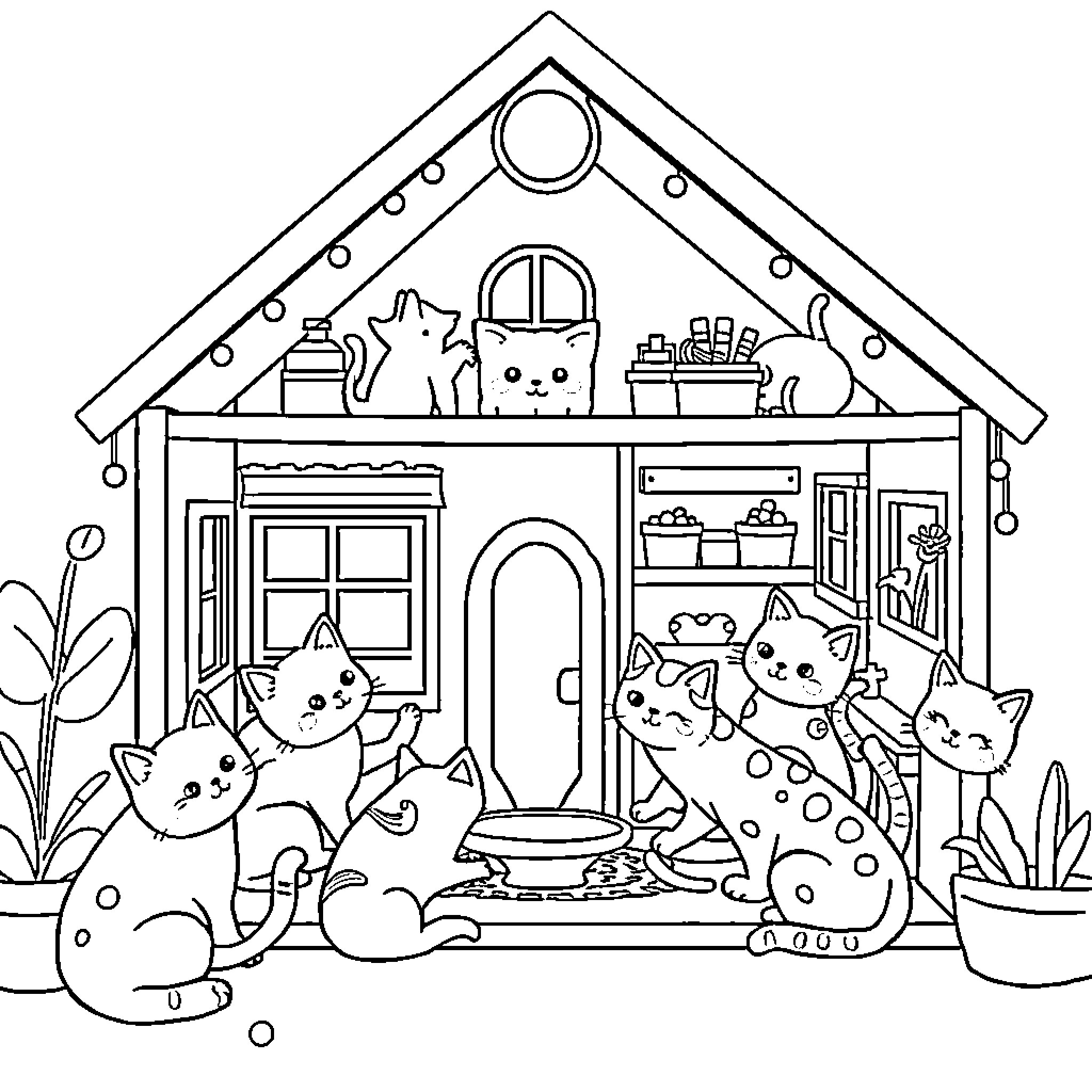 Cat-themed Cozy Cottage Coloring Page (free black-and-white line drawing printable PDF for all, from beginners to advanced learners, including children, teens, adults, and seniors)