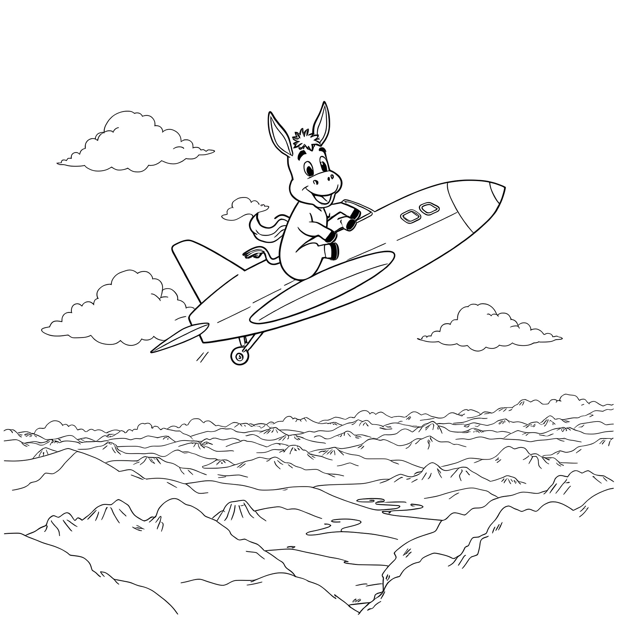 Donkey riding a rocket plane over mountainous landscape Coloring Page (free black-and-white line drawing printable PDF for all, from beginners to advanced learners, including children, teens, adults, and seniors)