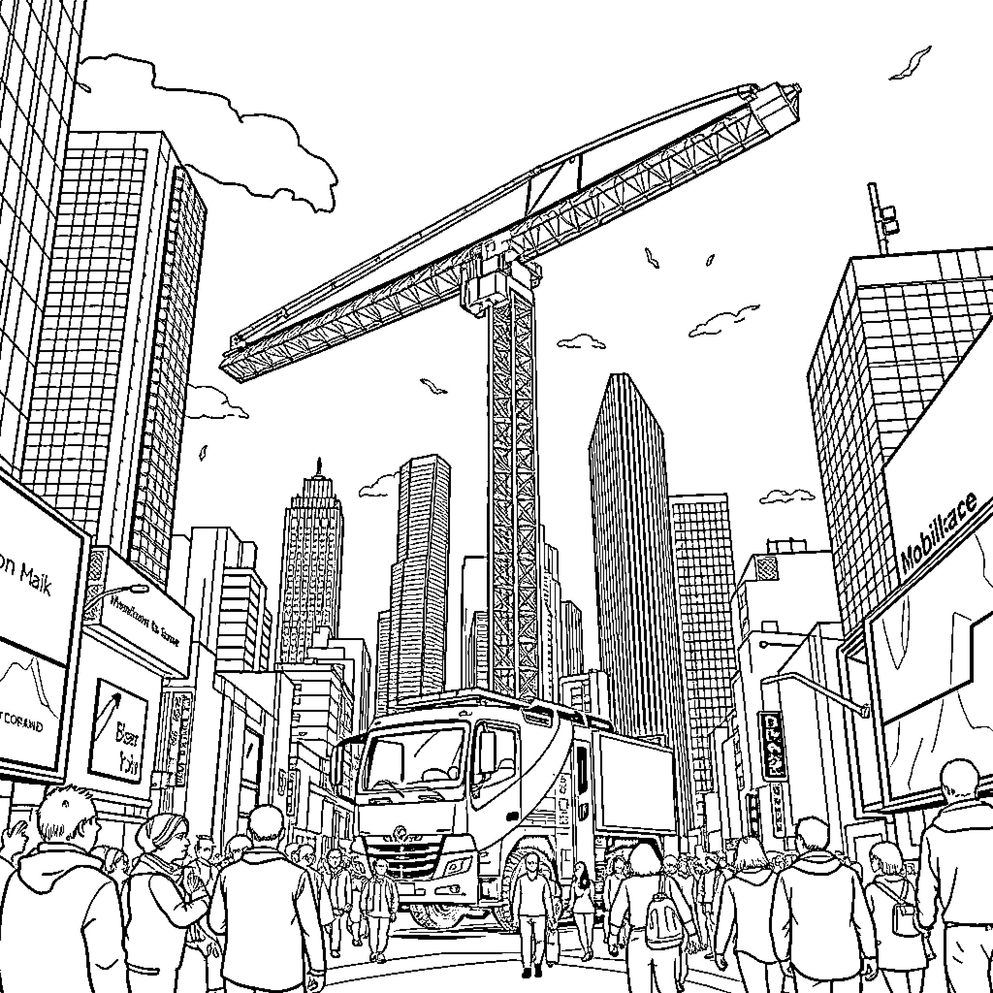 Mobilcrane operating in bustling city landscape Coloring Page (free black-and-white line drawing printable PDF for all, from beginners to advanced learners, including children, teens, adults, and seniors)