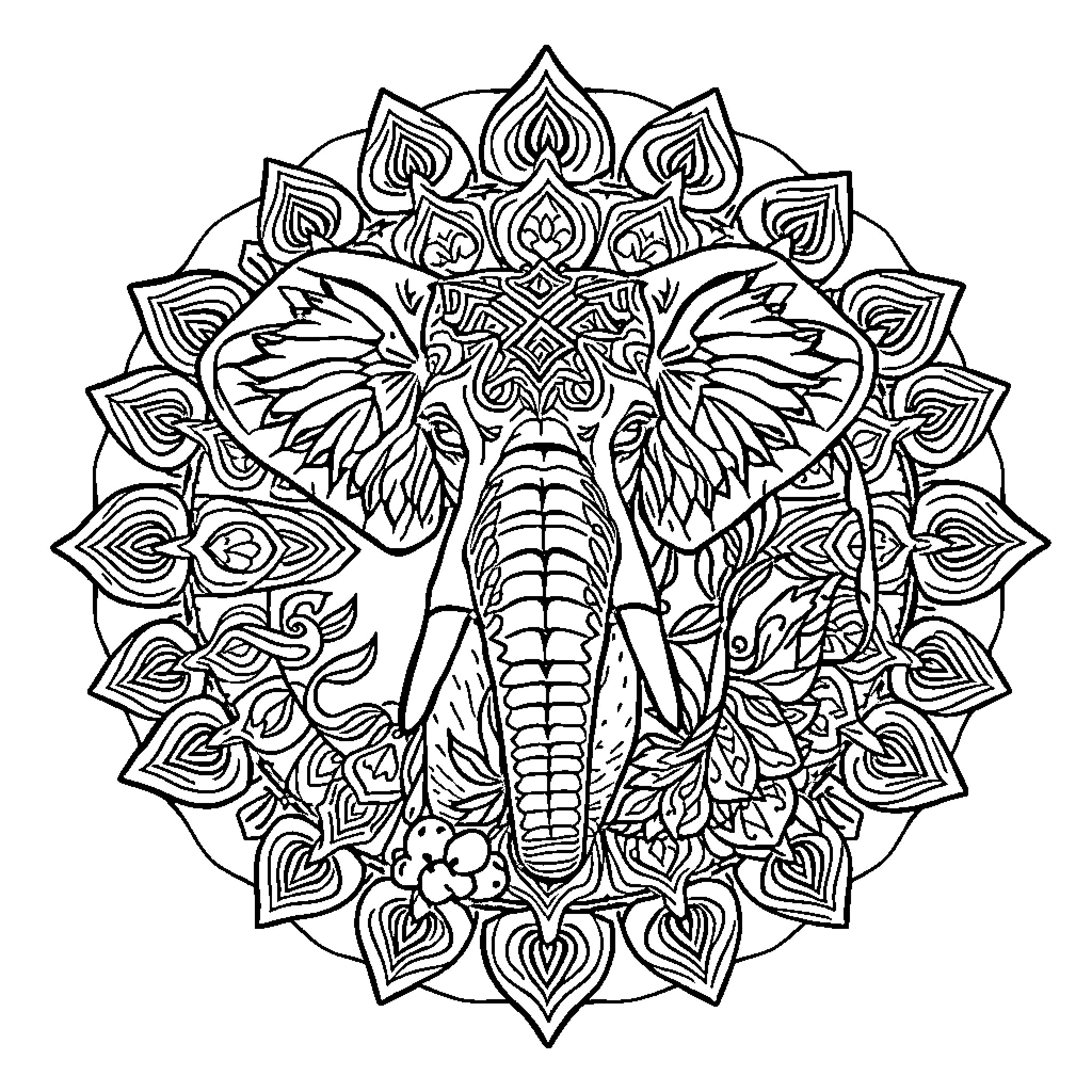 Elephant mandala with intricate floral design Coloring Page (free black-and-white line drawing printable PDF for all, from beginners to advanced learners, including children, teens, adults, and seniors)