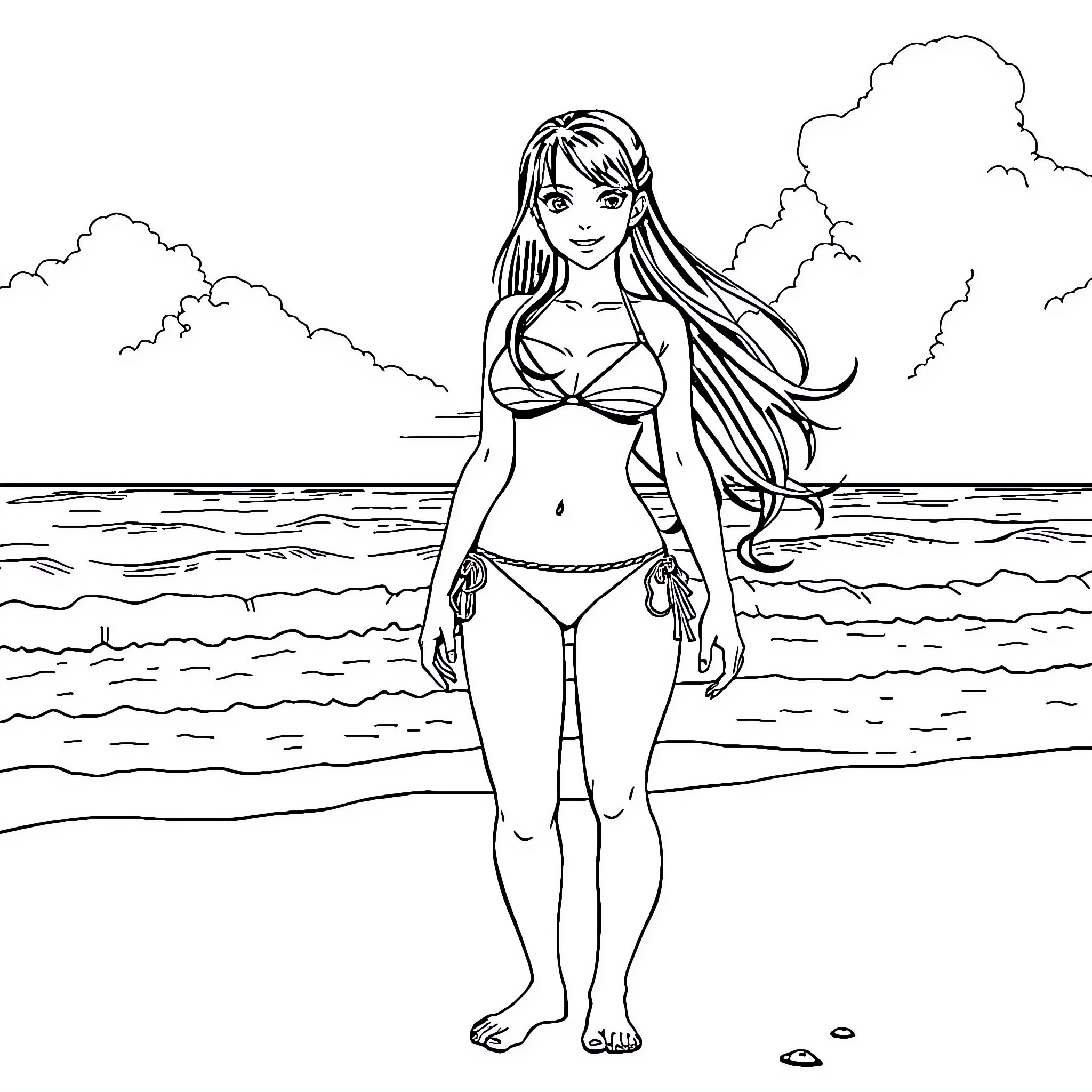 Tifa enjoying the beach in her swimwear Coloring Page (free black-and-white line drawing printable PDF for all, from beginners to advanced learners, including children, teens, adults, and seniors)
