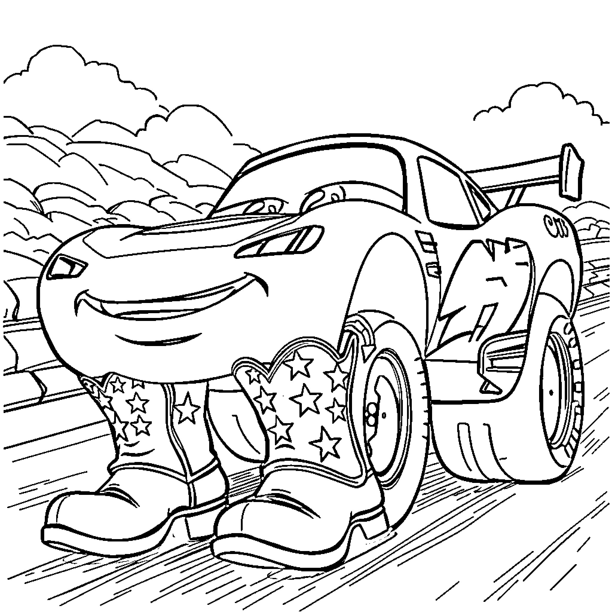 Lightning McQueen racing on the open road Coloring Page (free black-and-white line drawing printable PDF for all, from beginners to advanced learners, including children, teens, adults, and seniors)