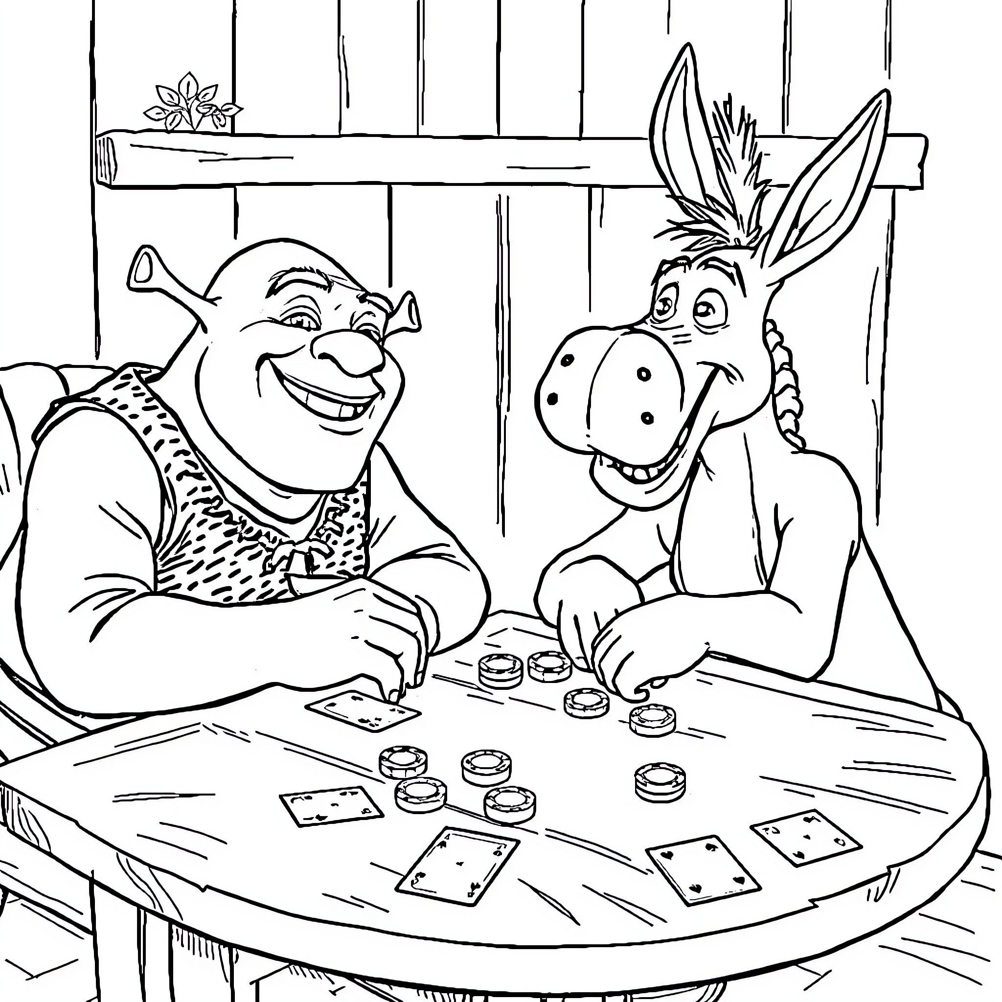 Shrek and Donkey playing cards together Coloring Page (free black-and-white line drawing printable PDF for all, from beginners to advanced learners, including children, teens, adults, and seniors)