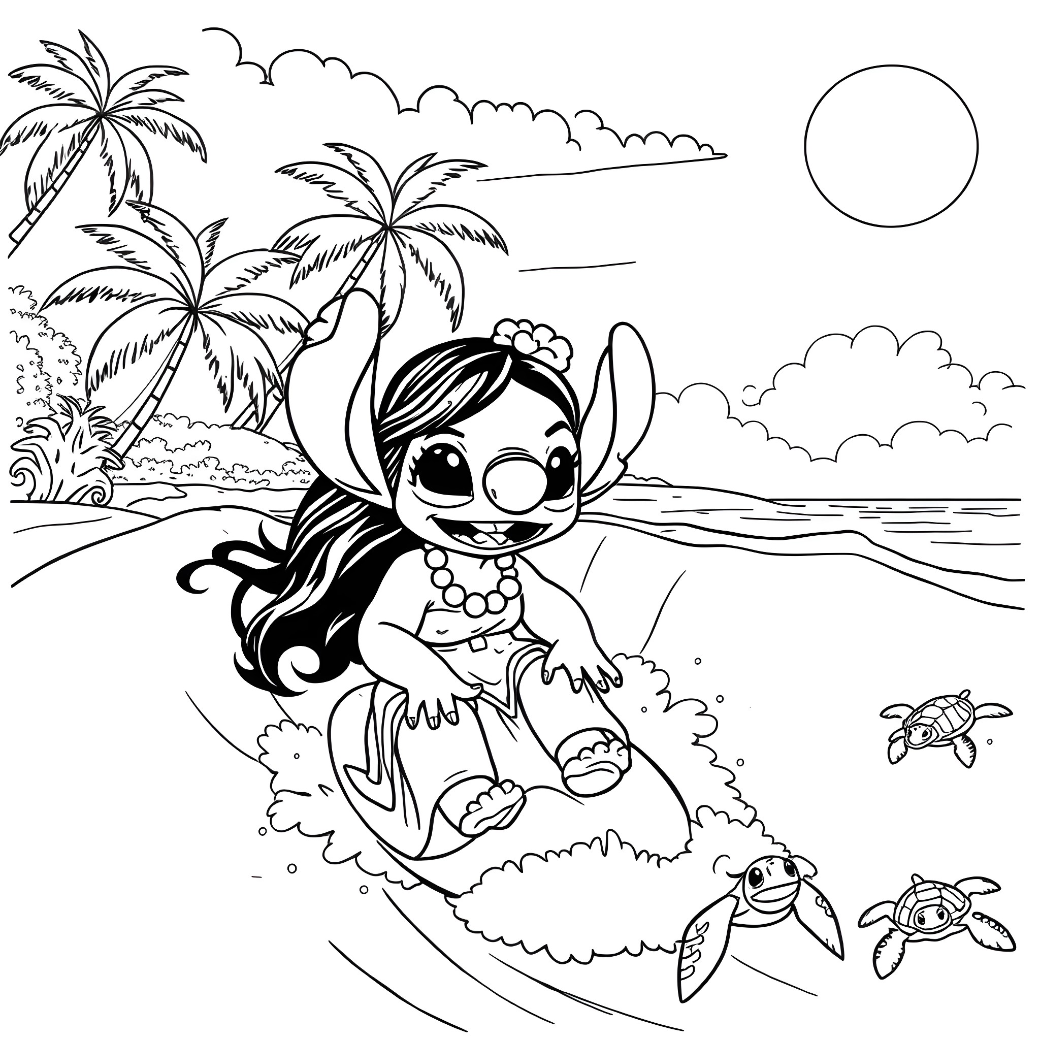 Lilo playing in the ocean with sea turtles Coloring Page (free black-and-white line drawing printable PDF for all, from beginners to advanced learners, including children, teens, adults, and seniors)