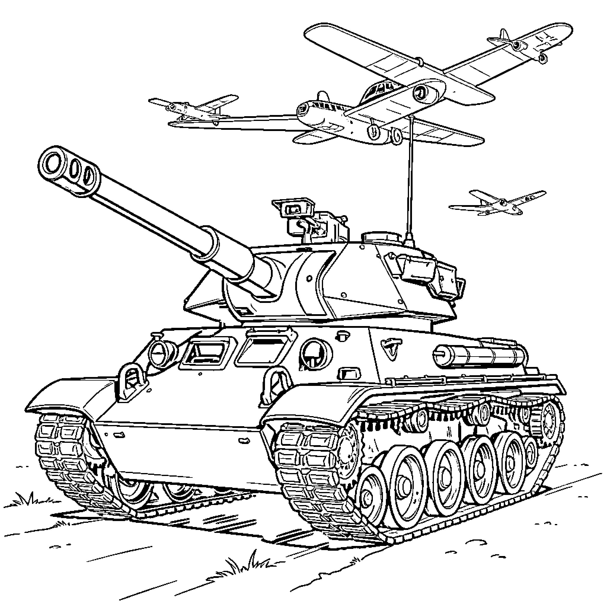 German Anti-Aircraft Tank Firing Shells Amidst Aerial Assault Coloring Page (free black-and-white line drawing printable PDF for all, from beginners to advanced learners, including children, teens, adults, and seniors)