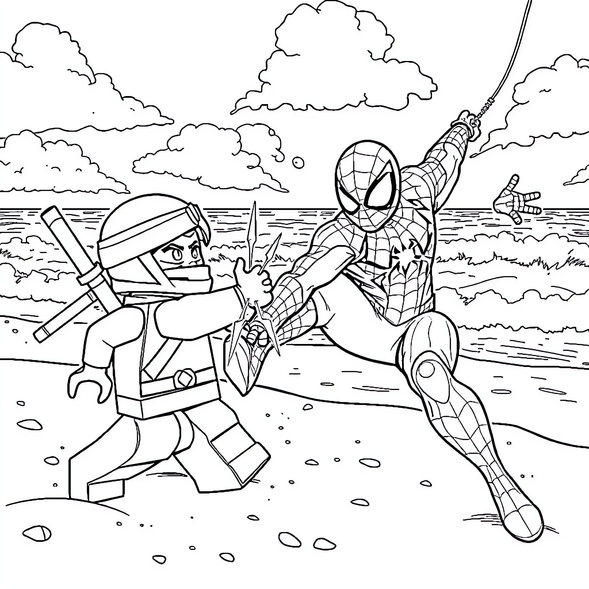 Spiderman Fights Villain on the Beach Coloring Page (free black-and-white line drawing printable PDF for all, from beginners to advanced learners, including children, teens, adults, and seniors)