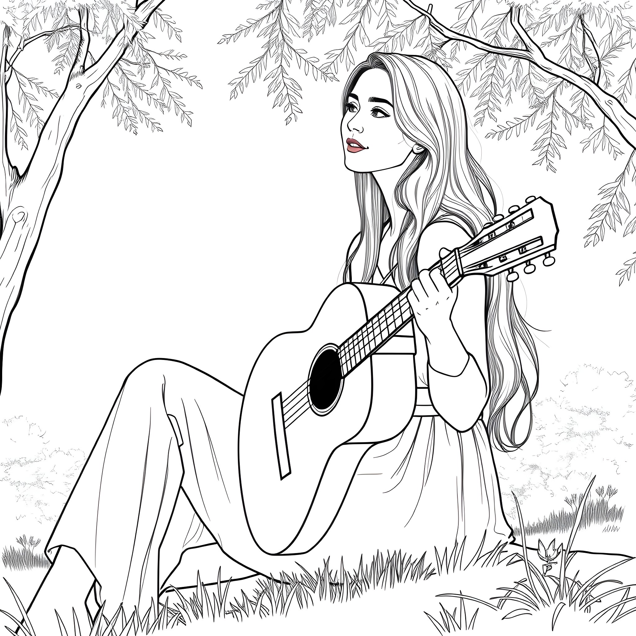 Woman playing guitar in the forest Coloring Page (free black-and-white line drawing printable PDF for all, from beginners to advanced learners, including children, teens, adults, and seniors)