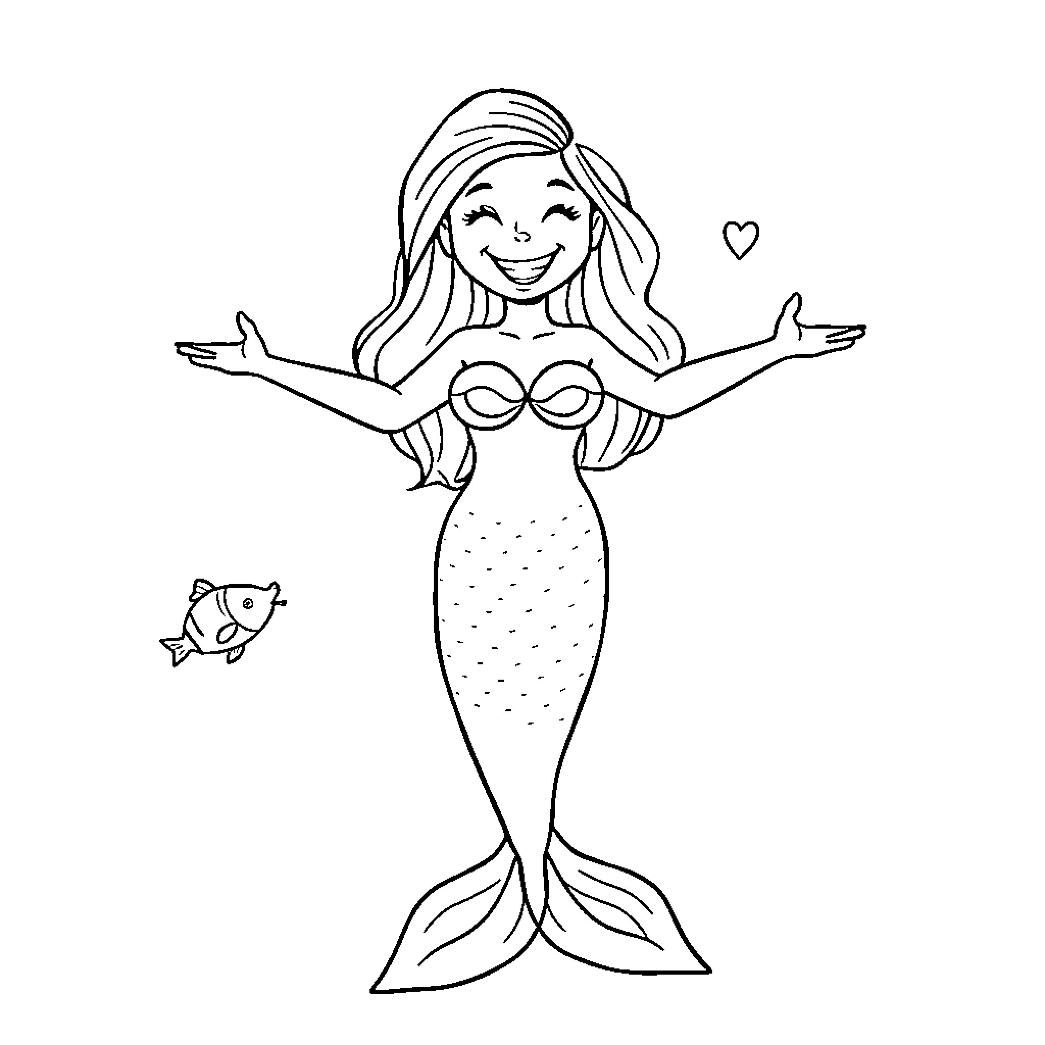 Mermaid cheerfully embracing the sea Coloring Page (free black-and-white line drawing printable PDF for all, from beginners to advanced learners, including children, teens, adults, and seniors)