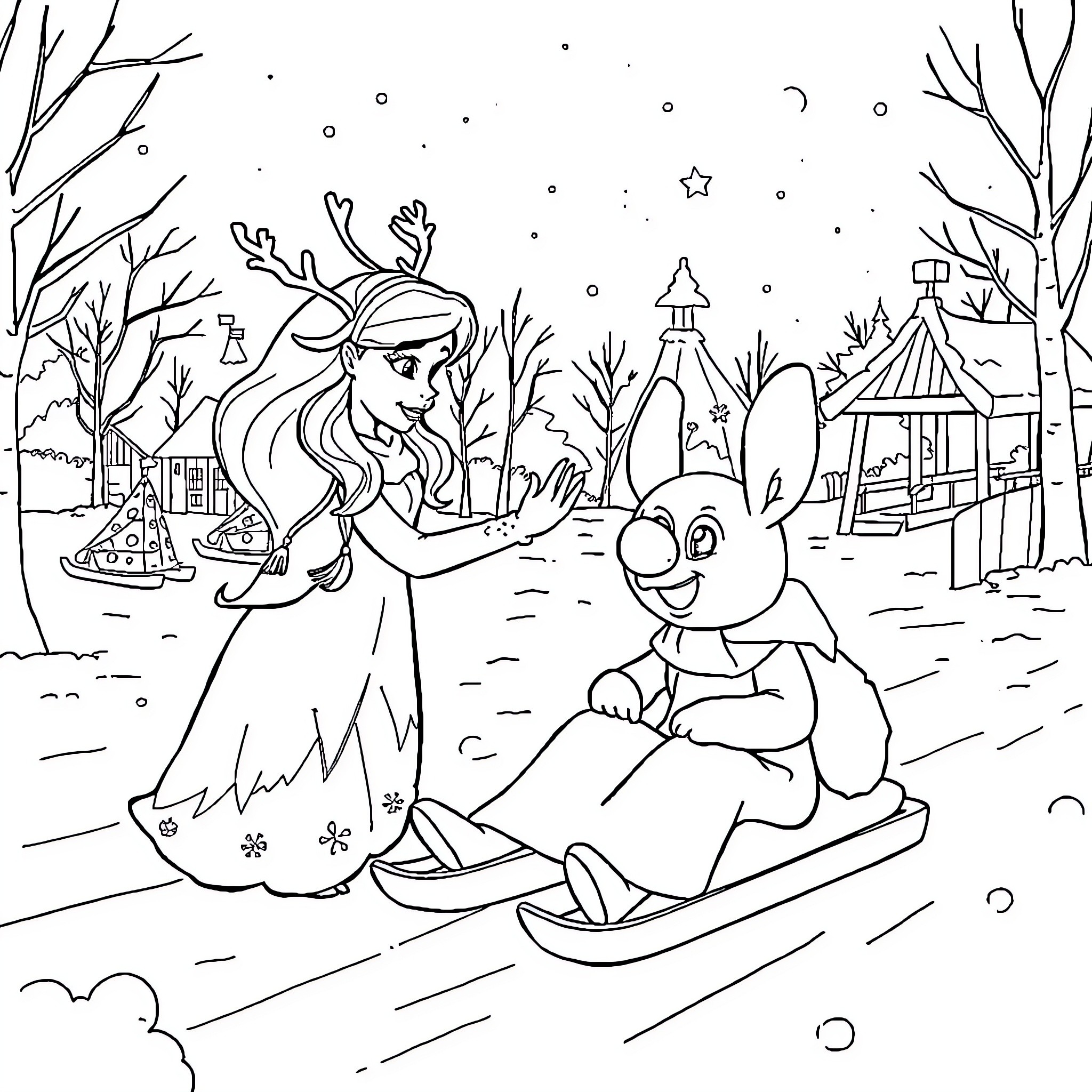 Queen enjoys winter wonderland with joyful companion Coloring Page (free black-and-white line drawing printable PDF for all, from beginners to advanced learners, including children, teens, adults, and seniors)