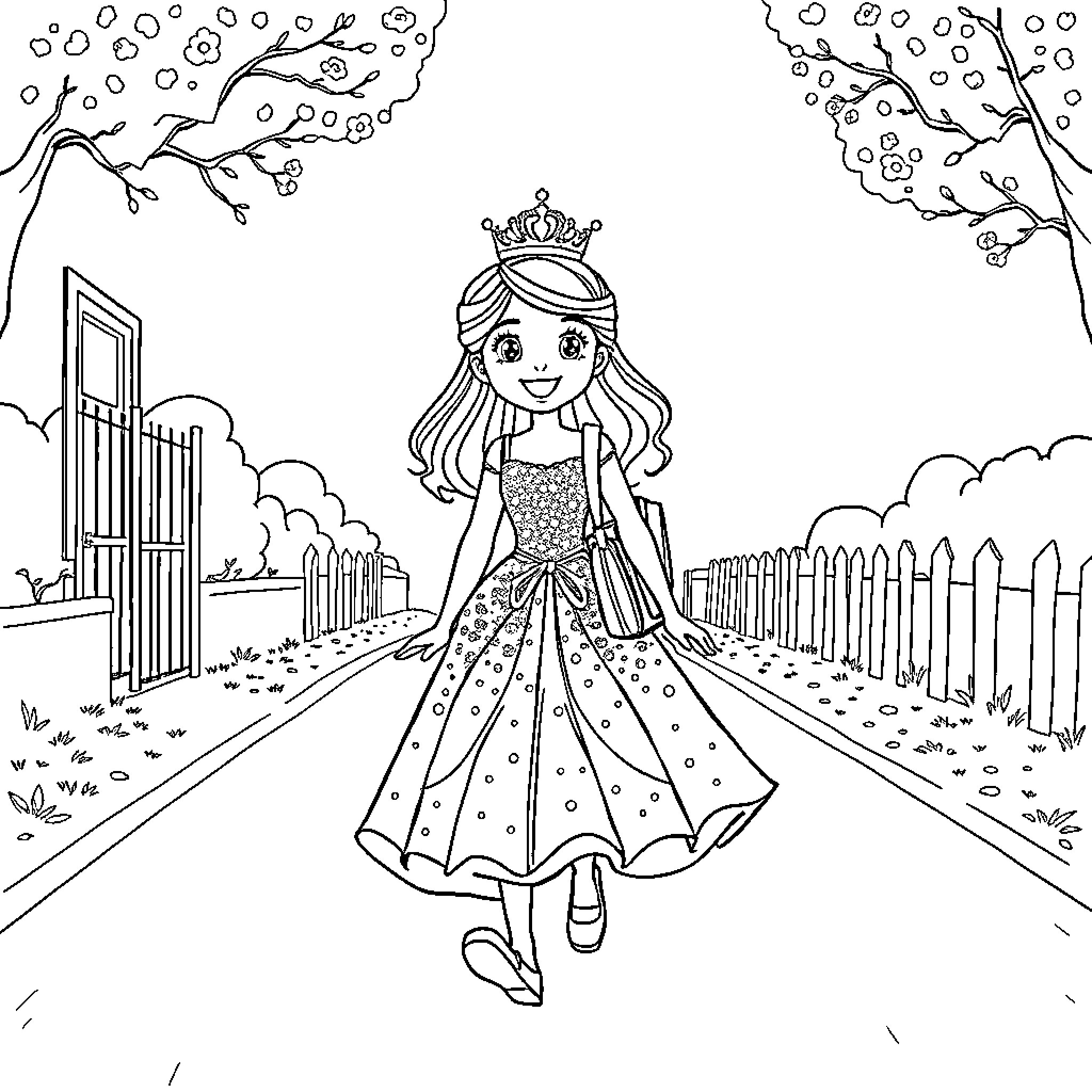 Princess walking joyfully on a path Coloring Page (free black-and-white line drawing printable PDF for all, from beginners to advanced learners, including children, teens, adults, and seniors)