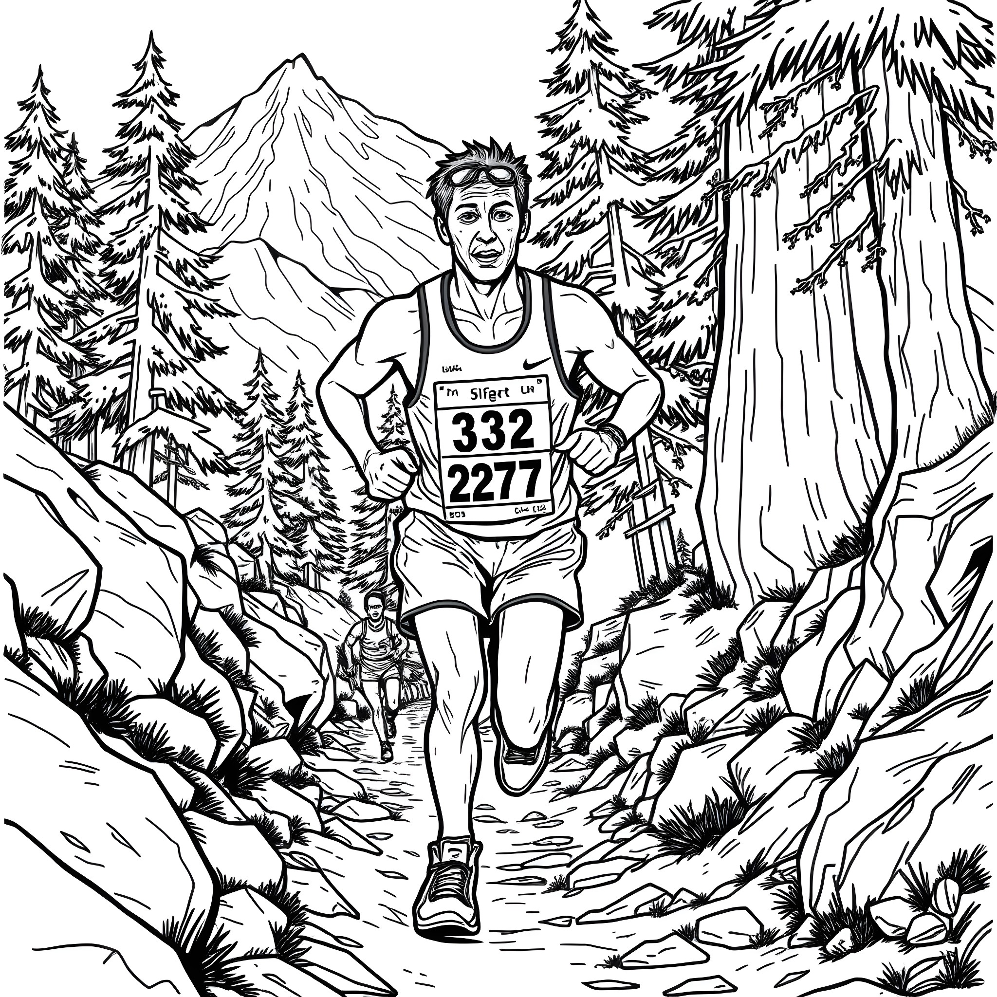 Runner navigating challenging trail in mountain landscape Coloring Page (free black-and-white line drawing printable PDF for all, from beginners to advanced learners, including children, teens, adults, and seniors)