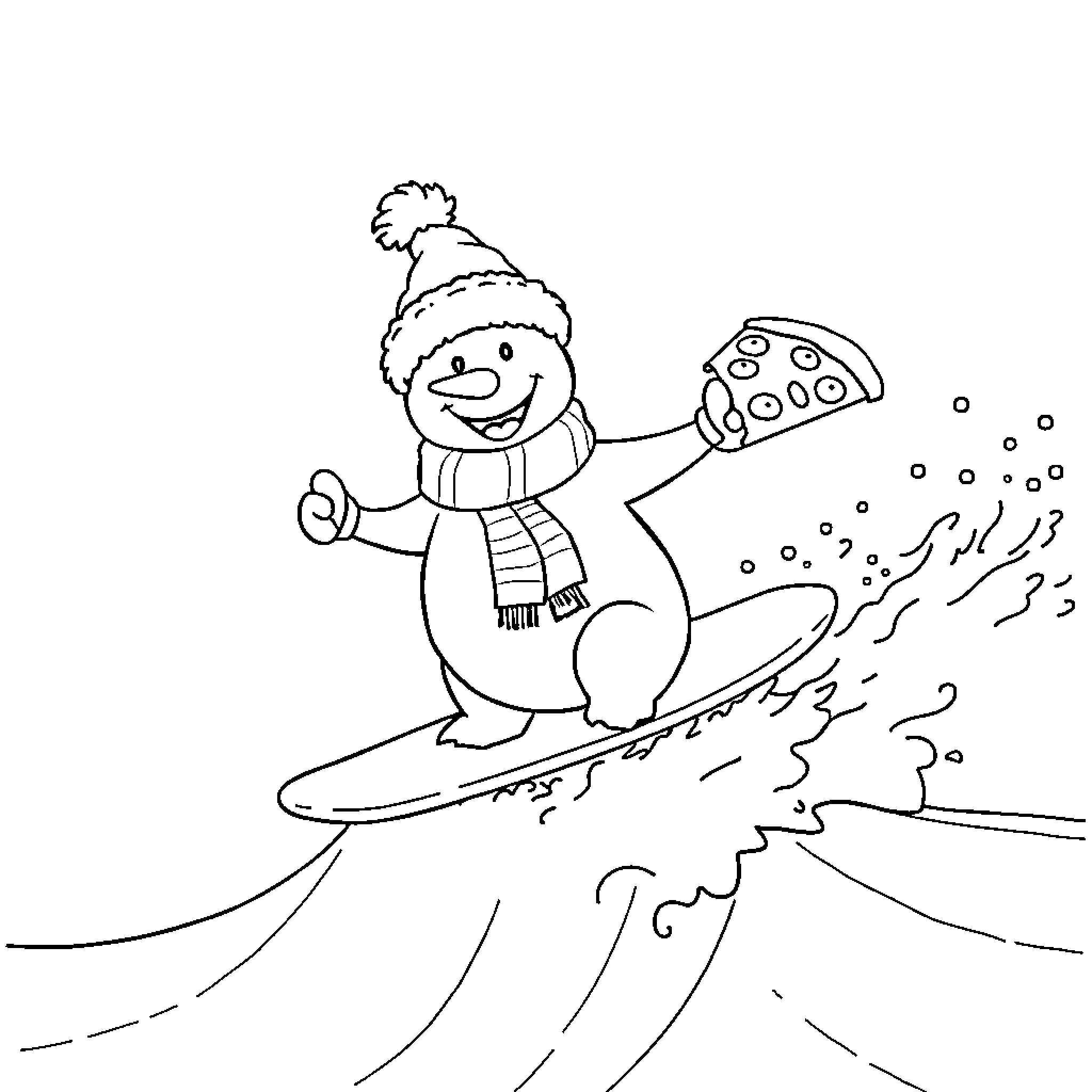 Snowman surfing in the snow with enthusiasm Coloring Page (free black-and-white line drawing printable PDF for all, from beginners to advanced learners, including children, teens, adults, and seniors)
