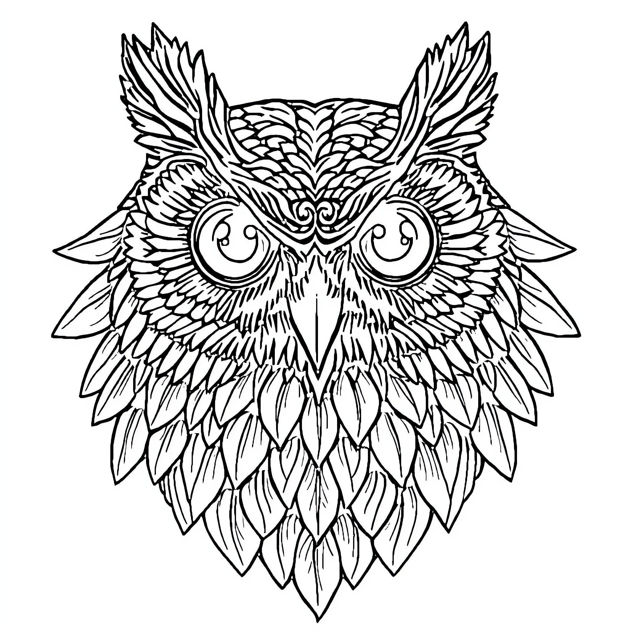 Owl with intricate feather patterns Coloring Page (free black-and-white line drawing printable PDF for all, from beginners to advanced learners, including children, teens, adults, and seniors)