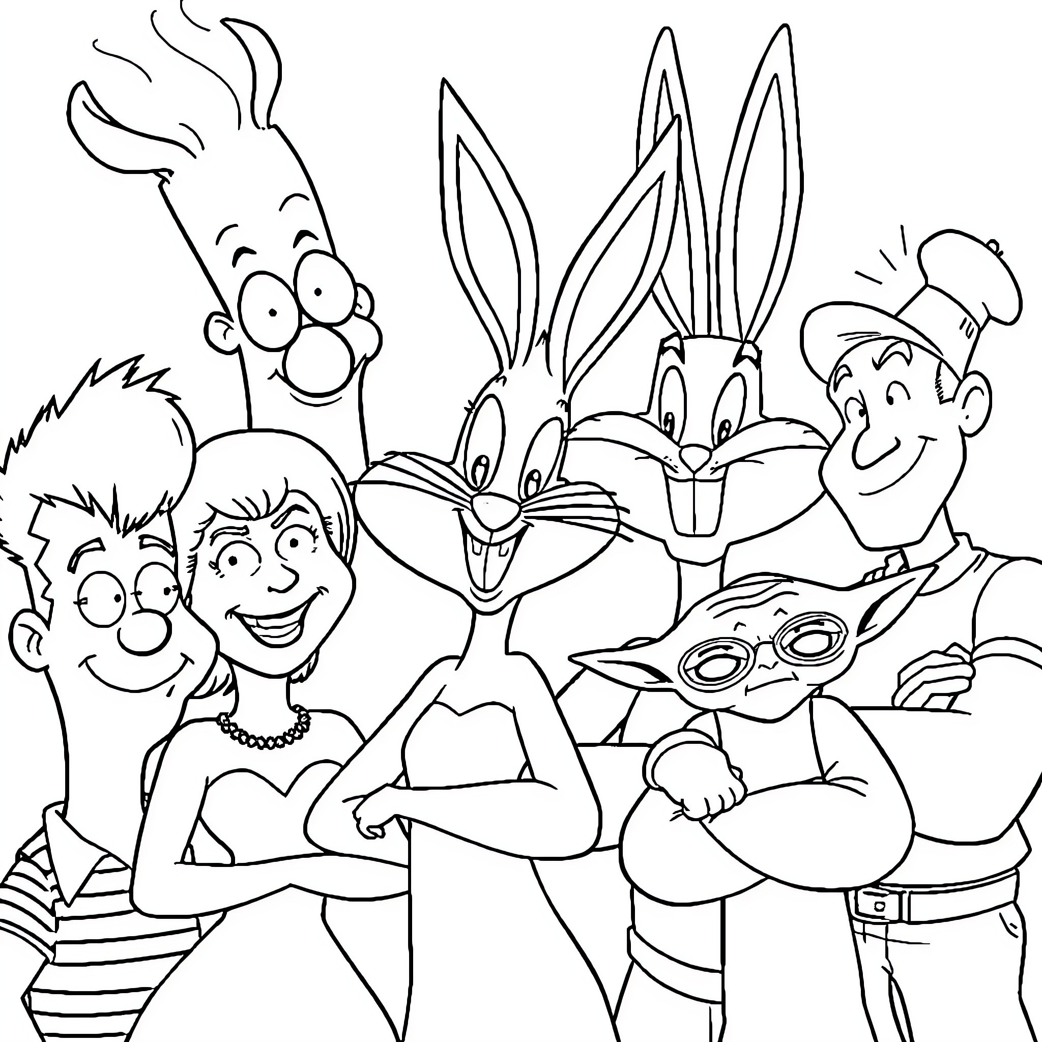Character group posing together in an animated scene Coloring Page (free black-and-white line drawing printable PDF for all, from beginners to advanced learners, including children, teens, adults, and seniors)