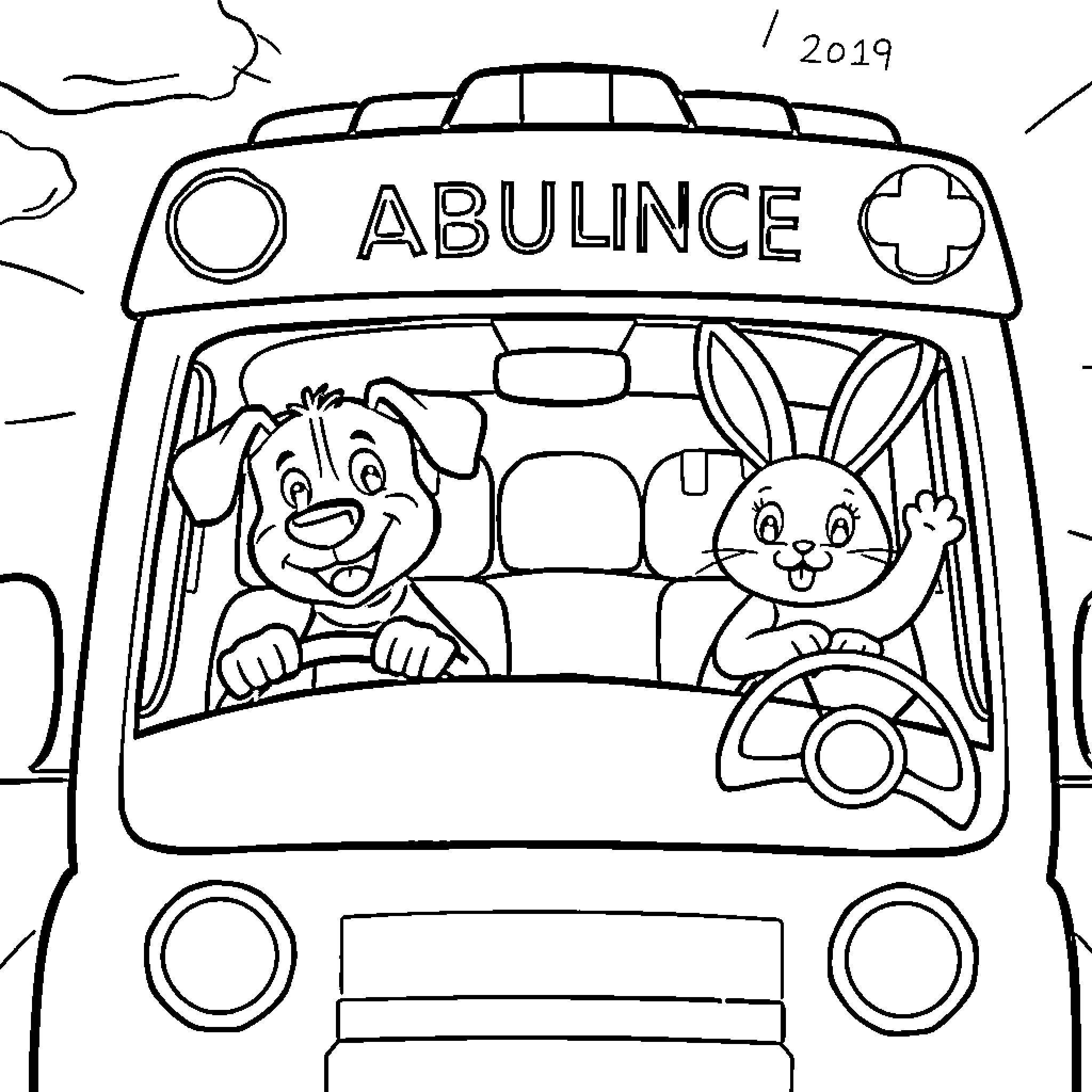 Rescue Animals in Ambulance Coloring Page (free black-and-white line drawing printable PDF for all, from beginners to advanced learners, including children, teens, adults, and seniors)