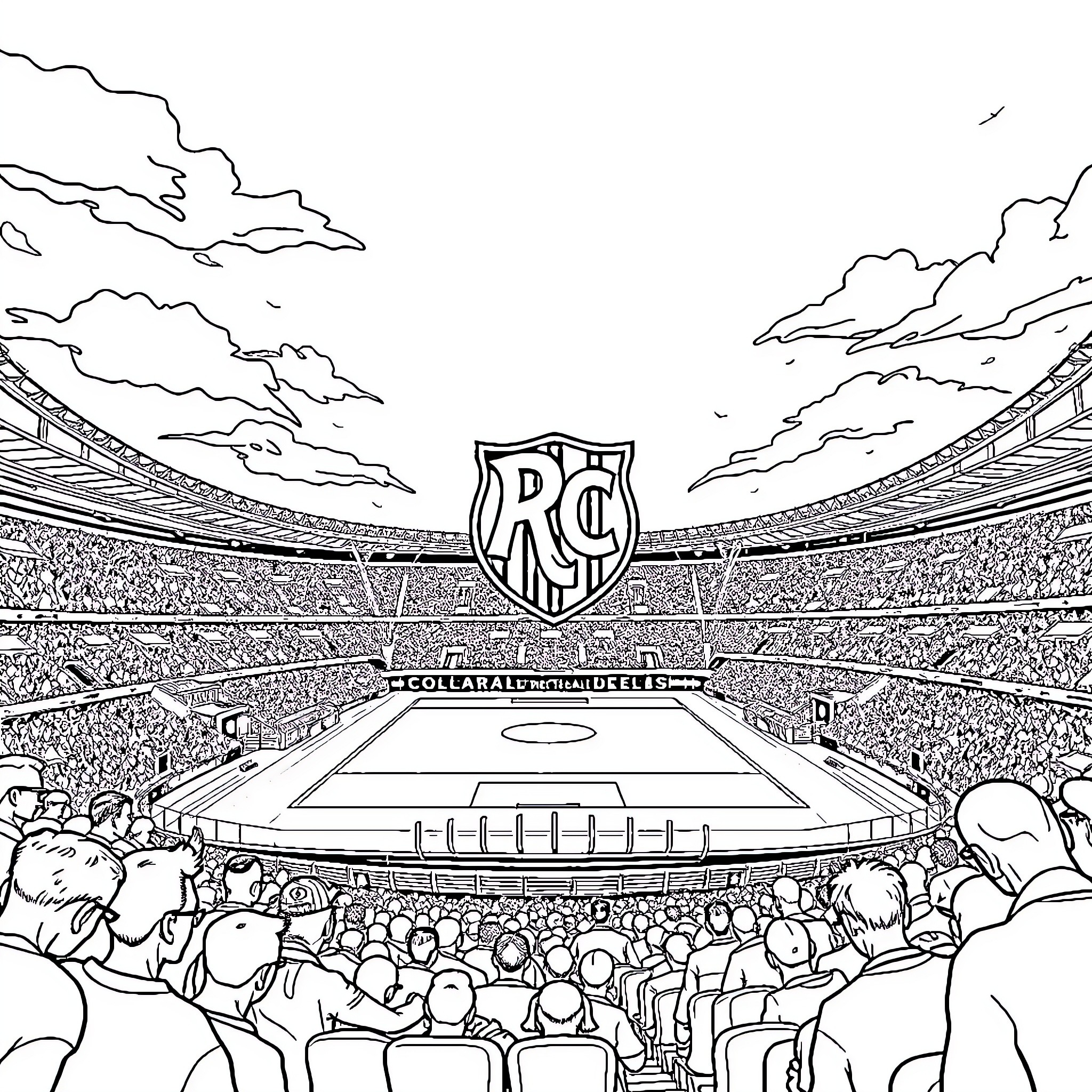 Football Club Soccer Stadium with Fans Coloring Page (free black-and-white line drawing printable PDF for all, from beginners to advanced learners, including children, teens, adults, and seniors)