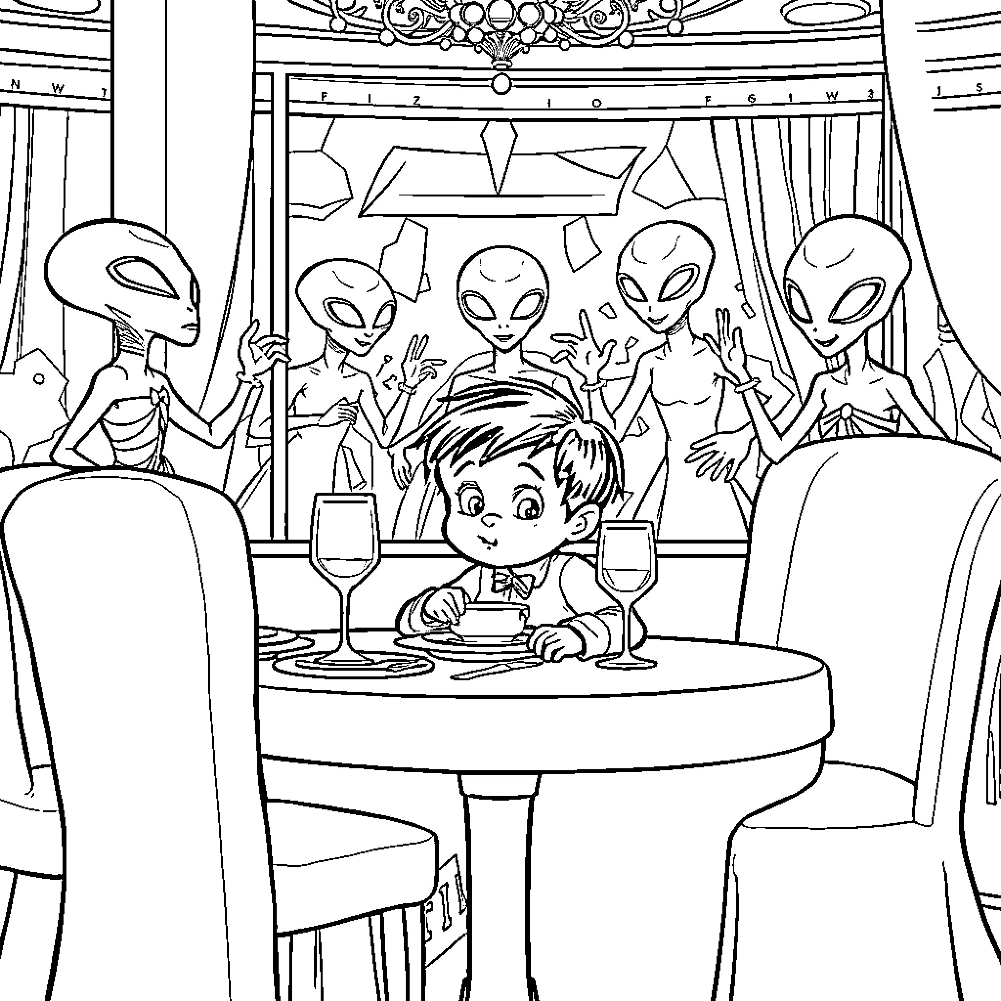 Child dining with friendly aliens in an elegant setting Coloring Page (free black-and-white line drawing printable PDF for all, from beginners to advanced learners, including children, teens, adults, and seniors)