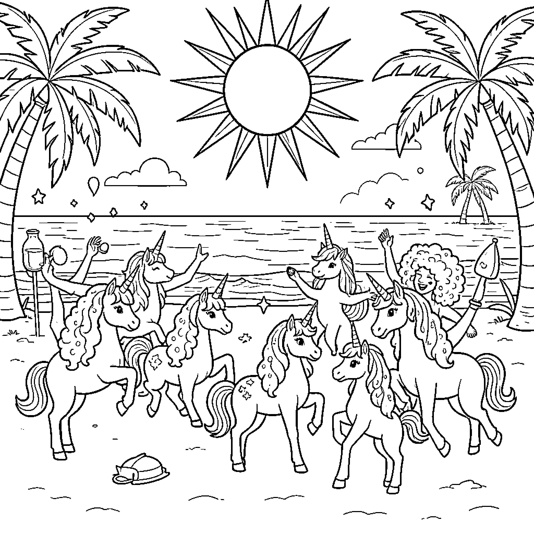 Unicorn playing joyfully on a sunny beach Coloring Page (free black-and-white line drawing printable PDF for all, from beginners to advanced learners, including children, teens, adults, and seniors)