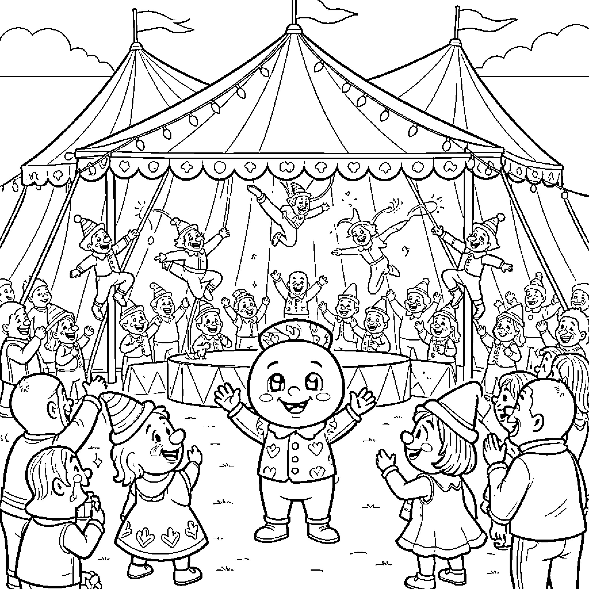 Tchoupi celebrating a festive circus performance with friends Coloring Page (free black-and-white line drawing printable PDF for all, from beginners to advanced learners, including children, teens, adults, and seniors)