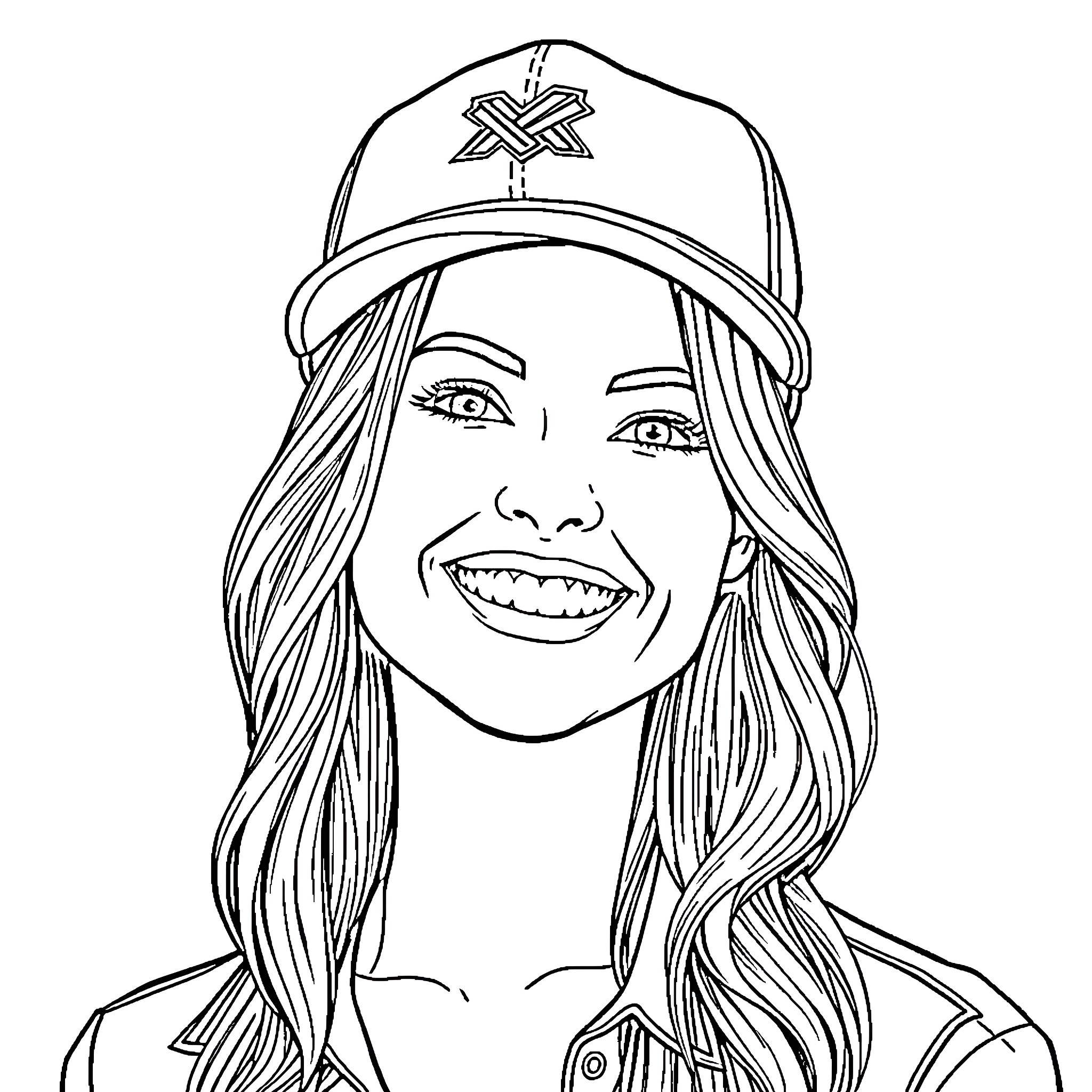 Danielle Savre smiling in uniform cap Coloring Page (free black-and-white line drawing printable PDF for all, from beginners to advanced learners, including children, teens, adults, and seniors)