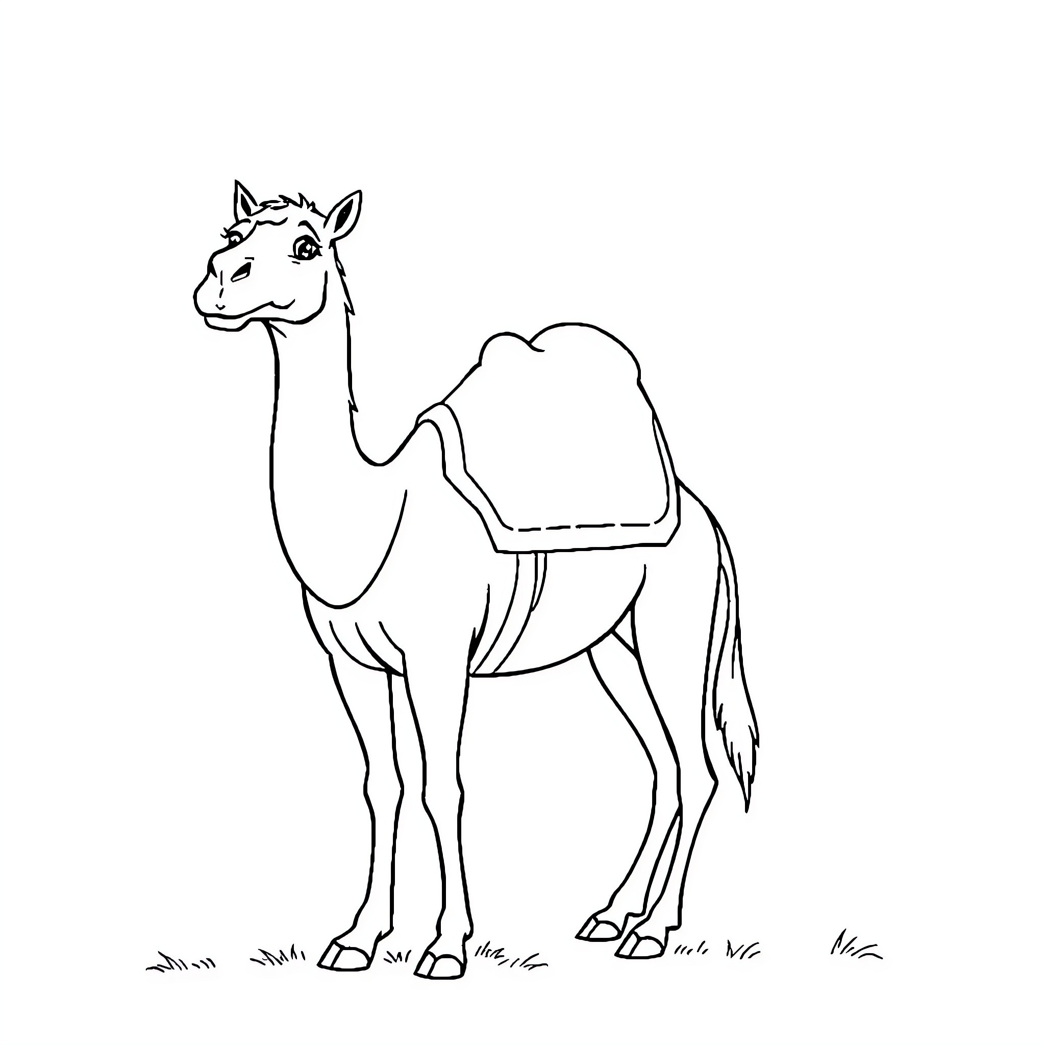 Camel standing in field Coloring Page (free black-and-white line drawing printable PDF for all, from beginners to advanced learners, including children, teens, adults, and seniors)