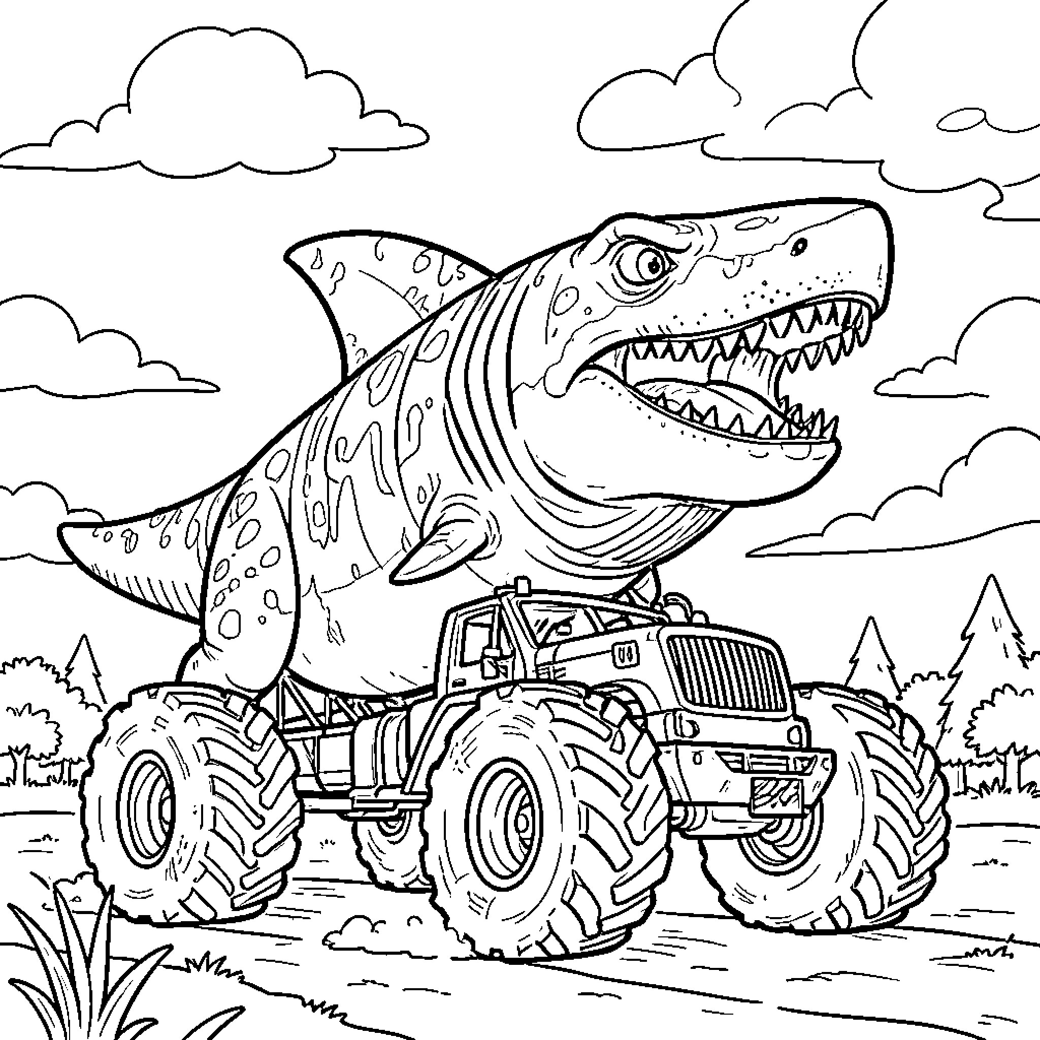 Shark monster truck crushing through the wilderness Coloring Page (free black-and-white line drawing printable PDF for all, from beginners to advanced learners, including children, teens, adults, and seniors)