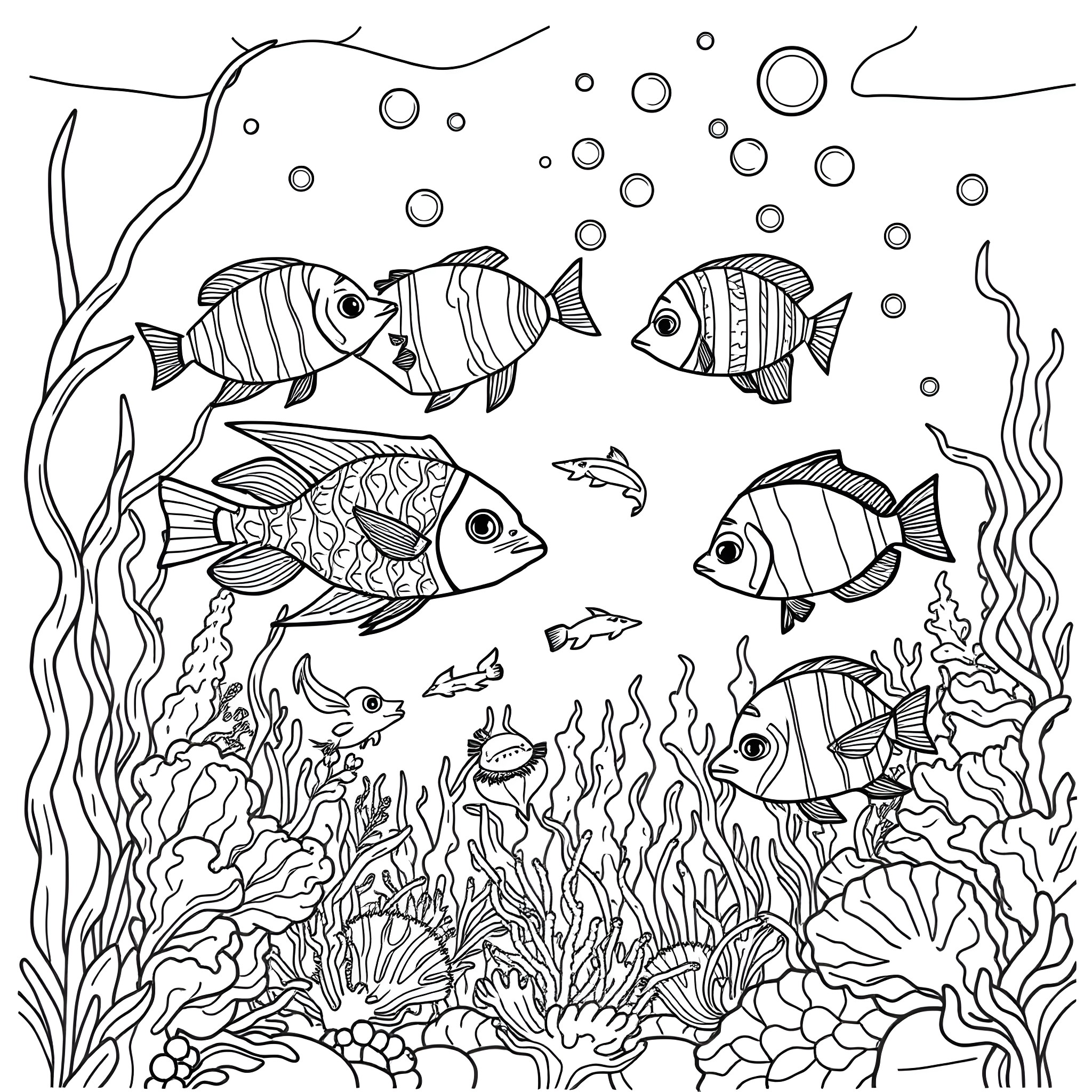 Tropical Fish Swimming in an Underwater Coral Reef Coloring Page (free black-and-white line drawing printable PDF for all, from beginners to advanced learners, including children, teens, adults, and seniors)