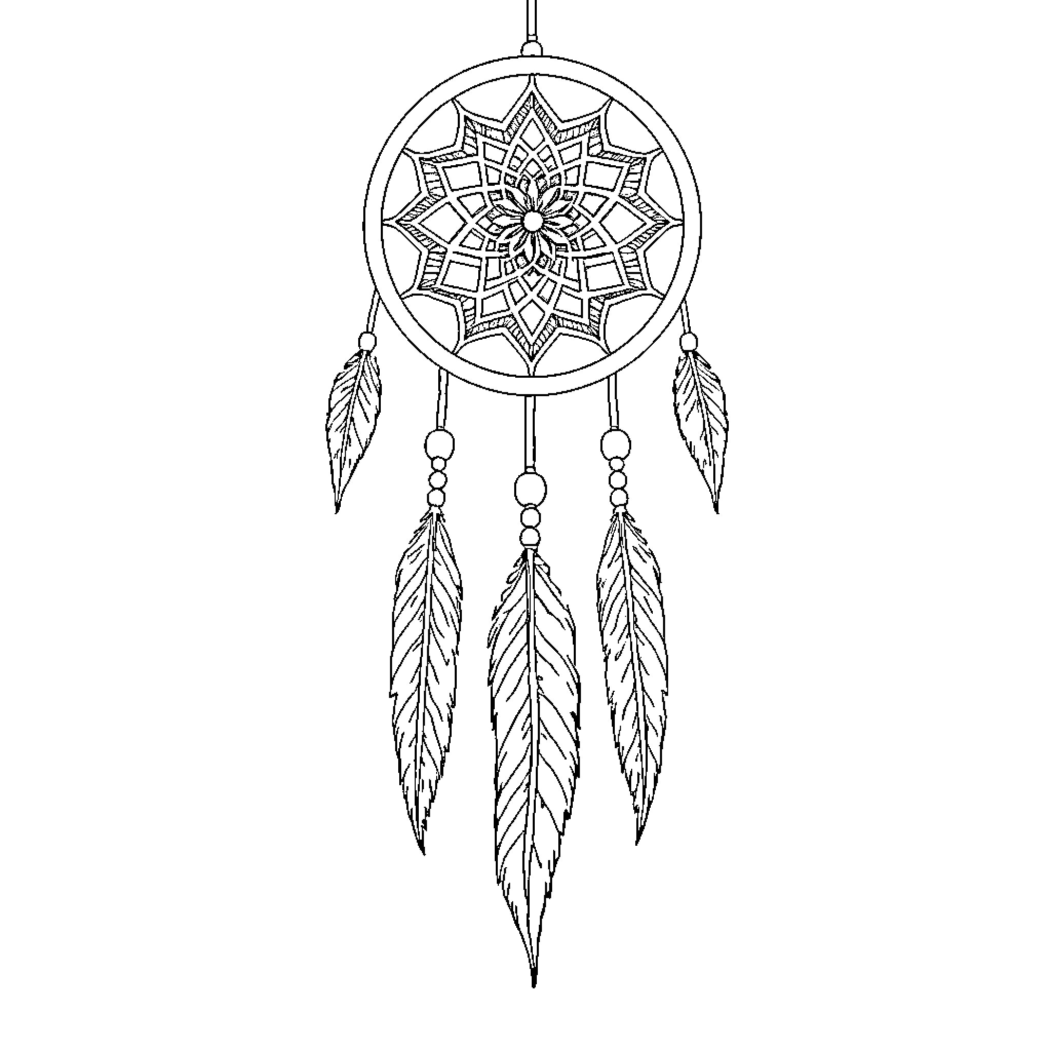 Dream Catcher with Intricate Feather Design Coloring Page (free black-and-white line drawing printable PDF for all, from beginners to advanced learners, including children, teens, adults, and seniors)