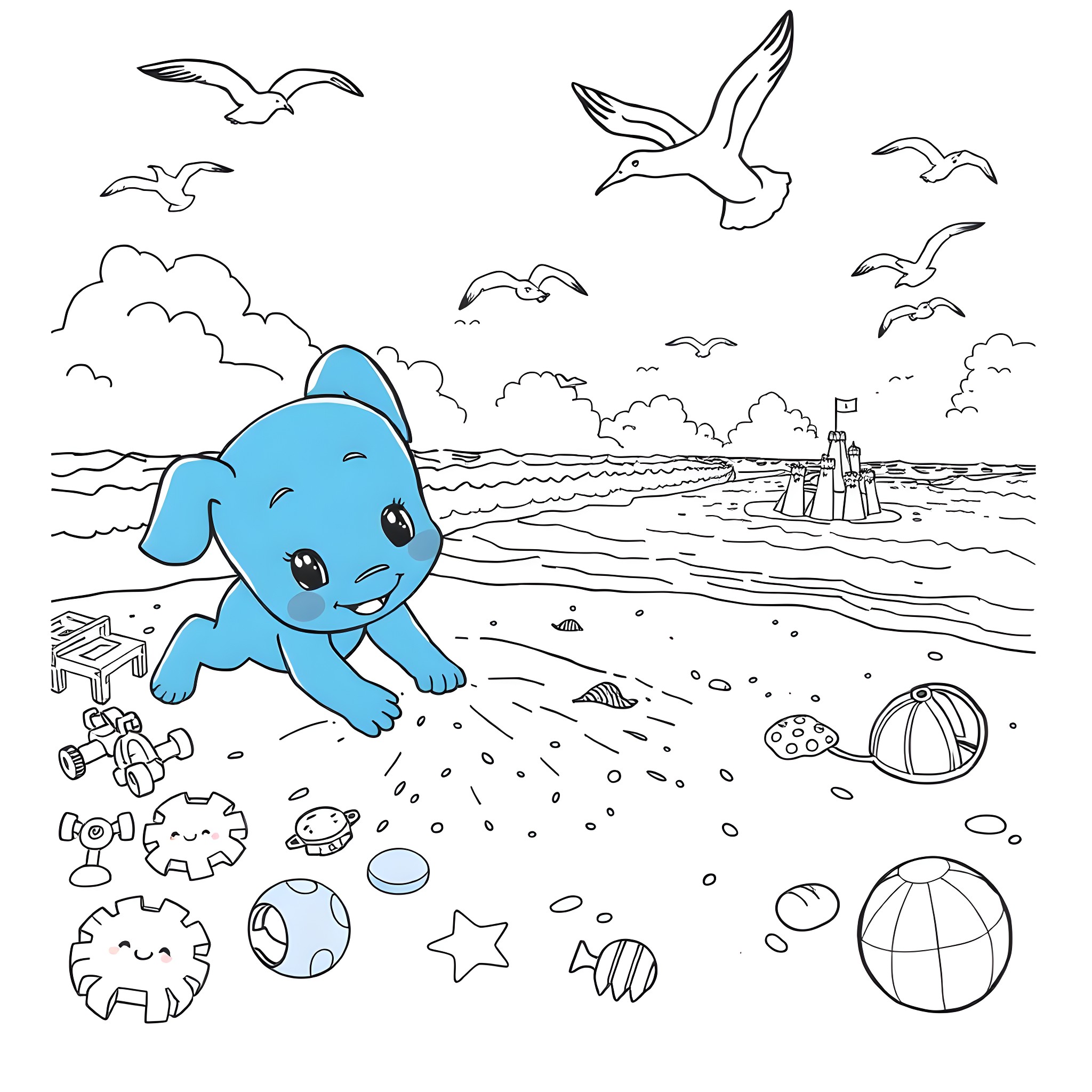 Bluey playing happily on the beach with seagulls Coloring Page (free black-and-white line drawing printable PDF for all, from beginners to advanced learners, including children, teens, adults, and seniors)