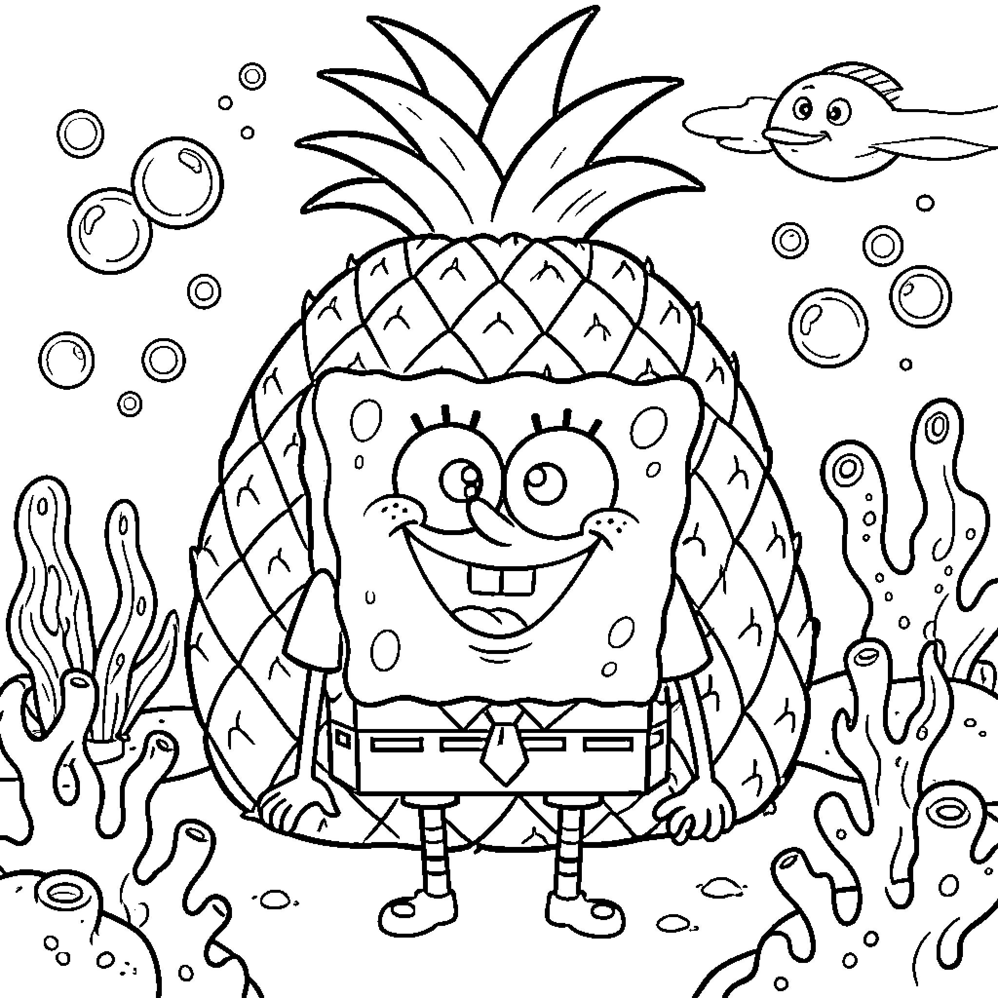 Spongebob smiling happily in front of his pineapple house Coloring Page (free black-and-white line drawing printable PDF for all, from beginners to advanced learners, including children, teens, adults, and seniors)