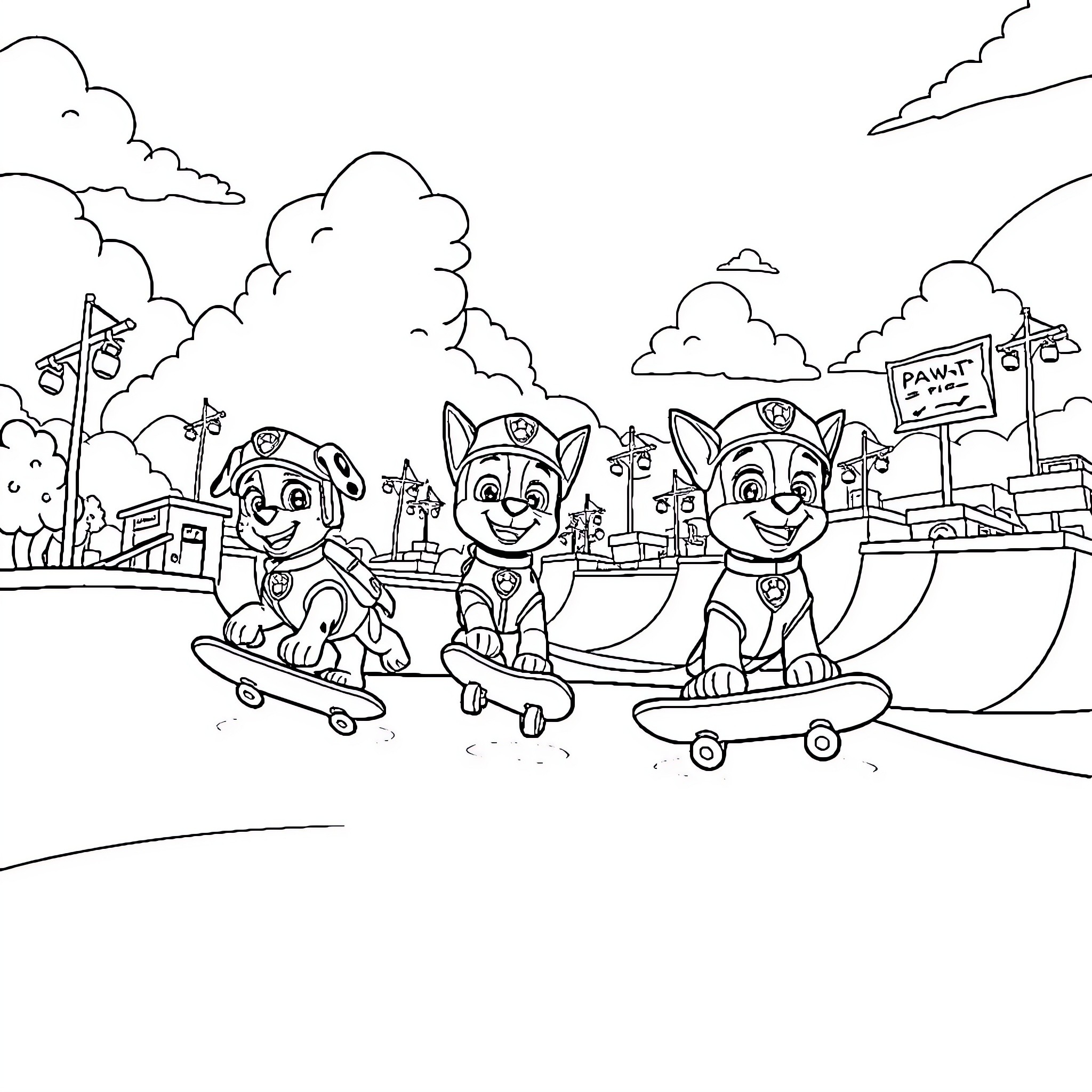 Paw Patrol pups skating and having fun Coloring Page (free black-and-white line drawing printable PDF for all, from beginners to advanced learners, including children, teens, adults, and seniors)