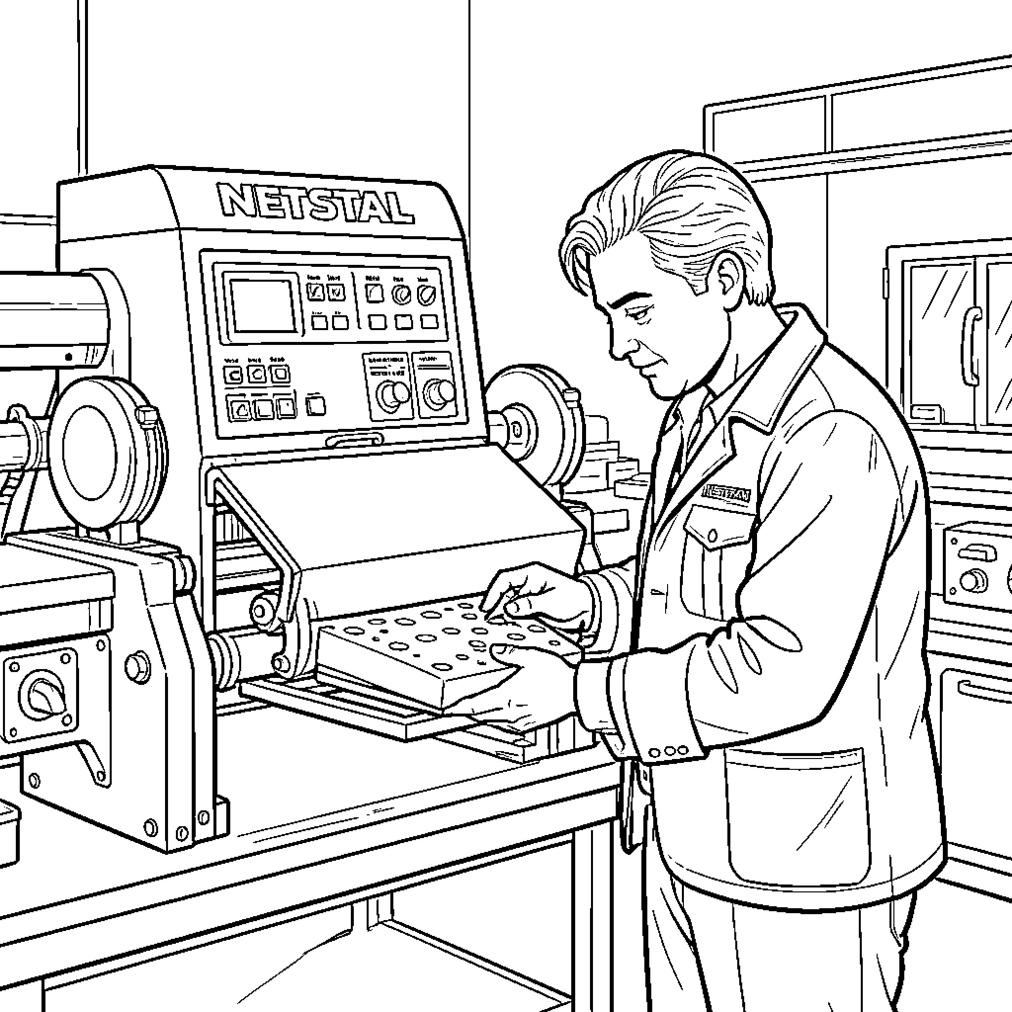 Worker operating industrial machinery in a factory setting Coloring Page (free black-and-white line drawing printable PDF for all, from beginners to advanced learners, including children, teens, adults, and seniors)