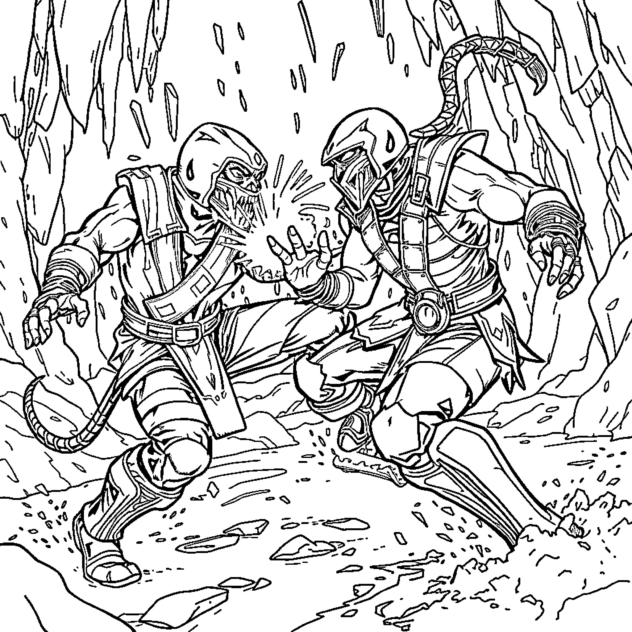 Subzero warriors clash in icy battle Coloring Page (free black-and-white line drawing printable PDF for all, from beginners to advanced learners, including children, teens, adults, and seniors)