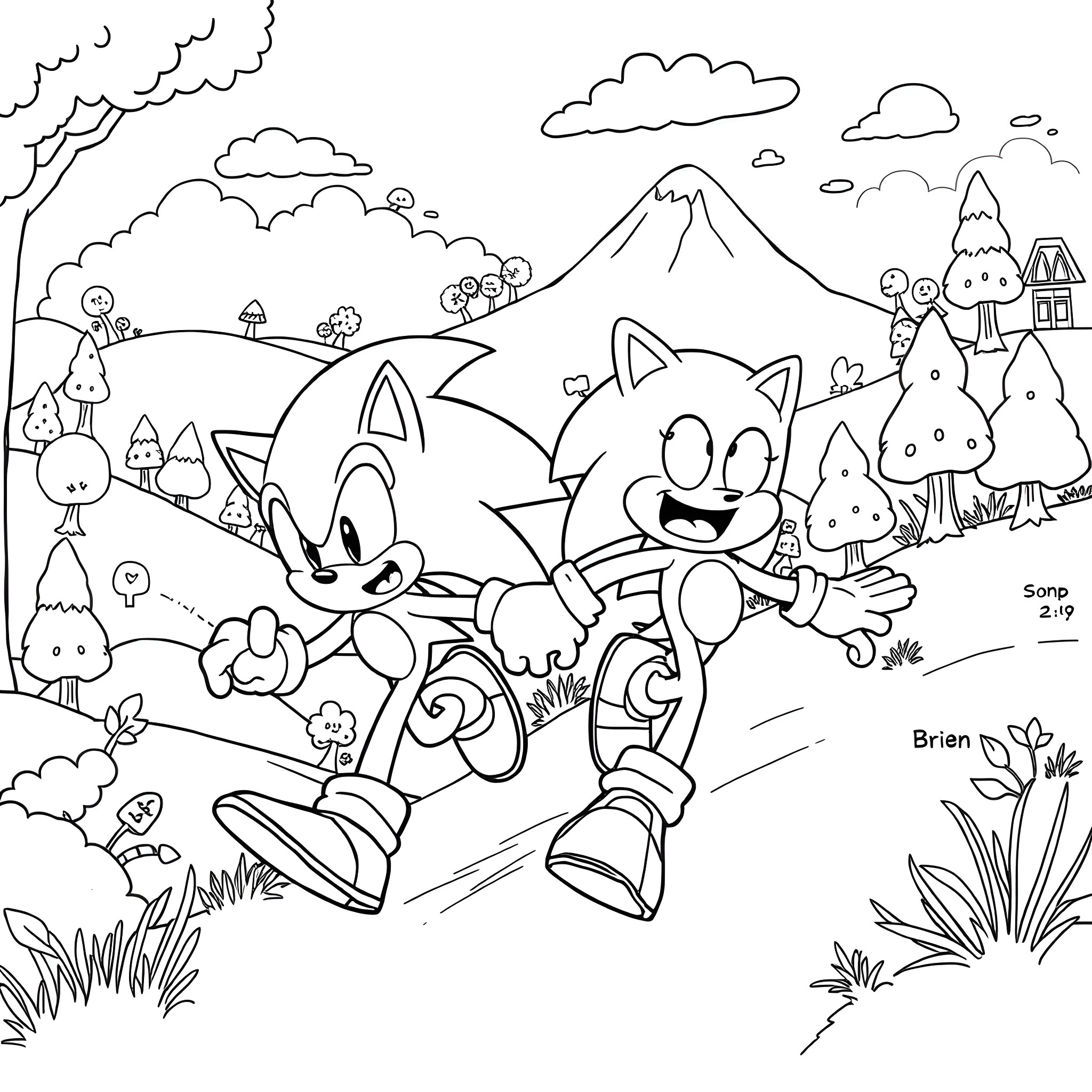 Sonic and Friends Exploring the Whimsical Landscape Coloring Page (free black-and-white line drawing printable PDF for all, from beginners to advanced learners, including children, teens, adults, and seniors)