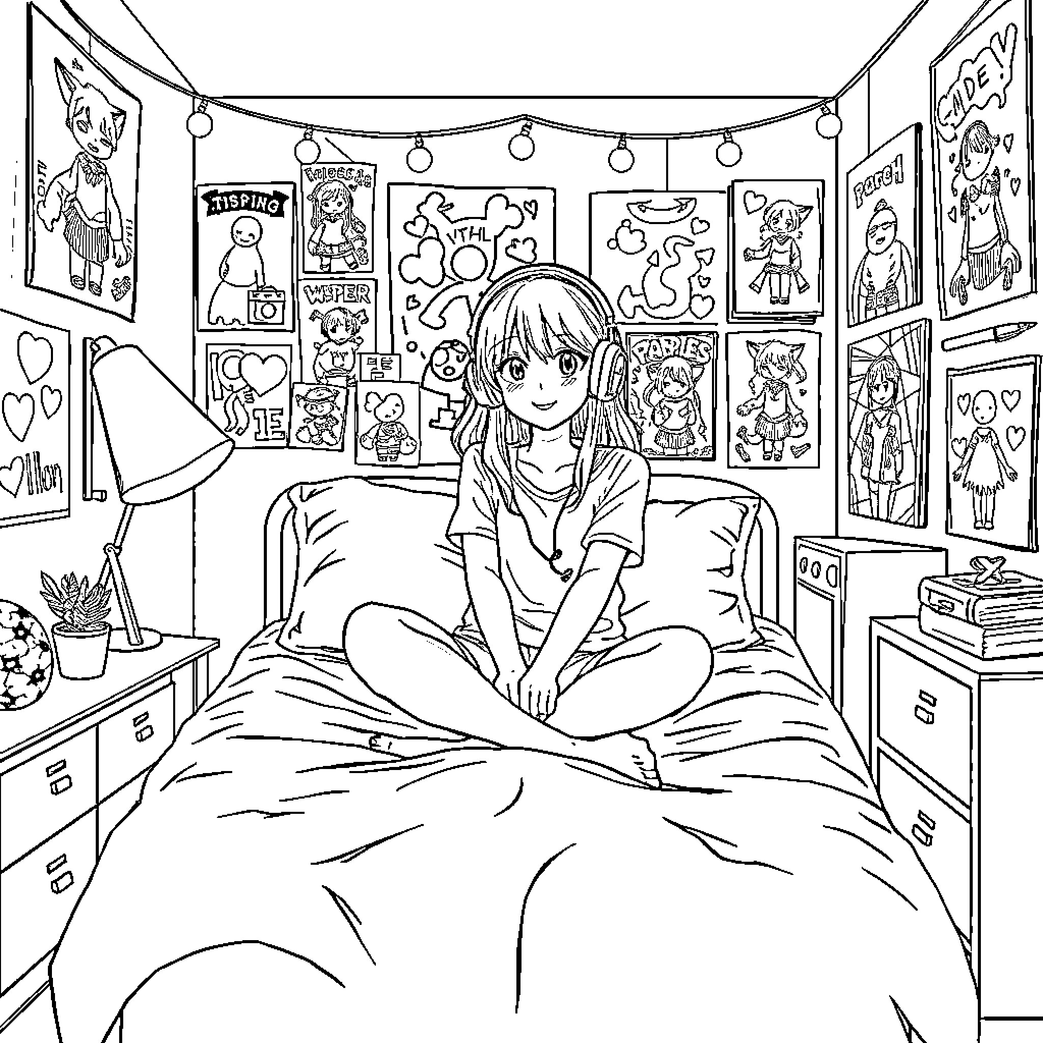 Girl enjoying her cozy bedroom with artwork Coloring Page (free black-and-white line drawing printable PDF for all, from beginners to advanced learners, including children, teens, adults, and seniors)
