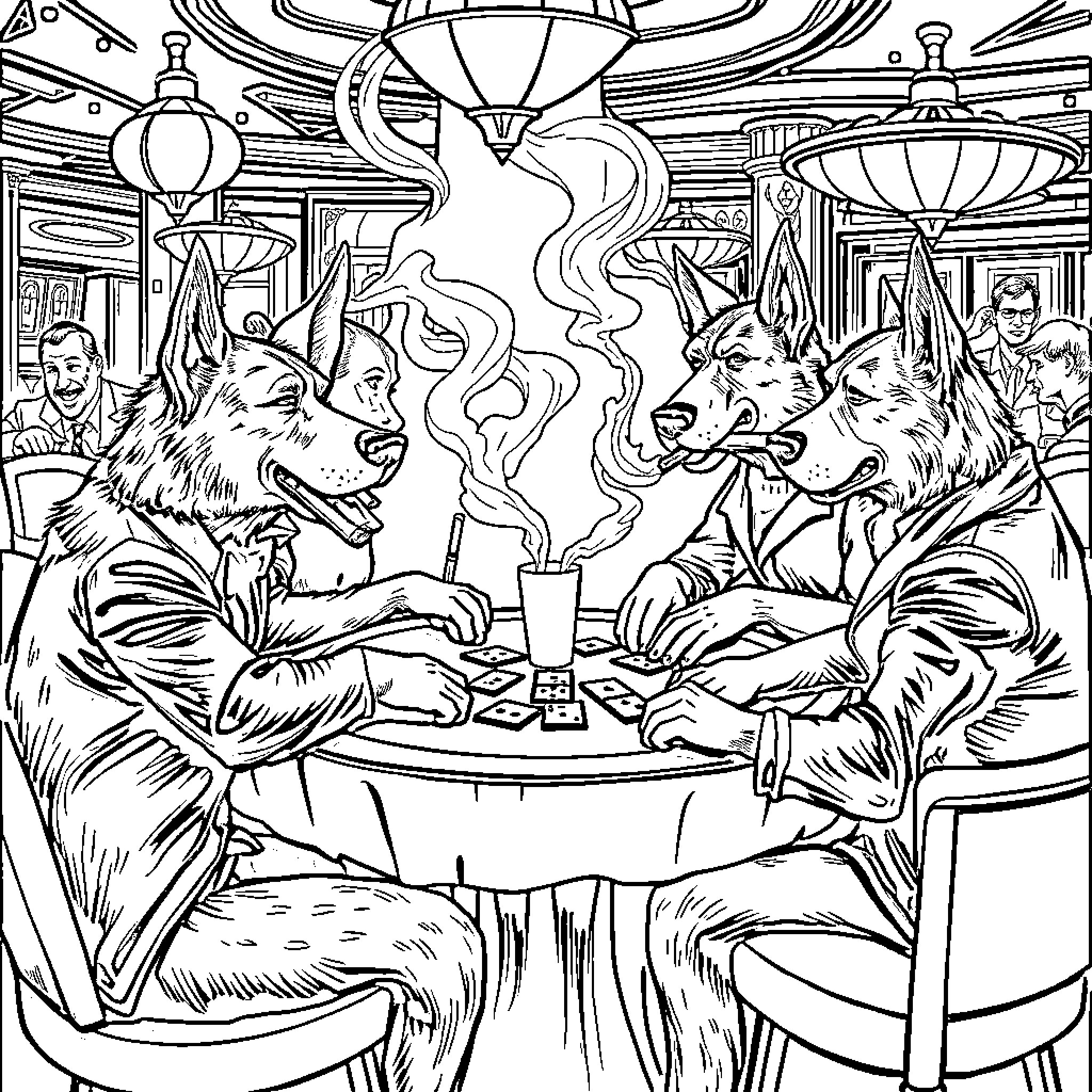 Dog Friends Enjoying a Cozy Gathering Coloring Page (free black-and-white line drawing printable PDF for all, from beginners to advanced learners, including children, teens, adults, and seniors)