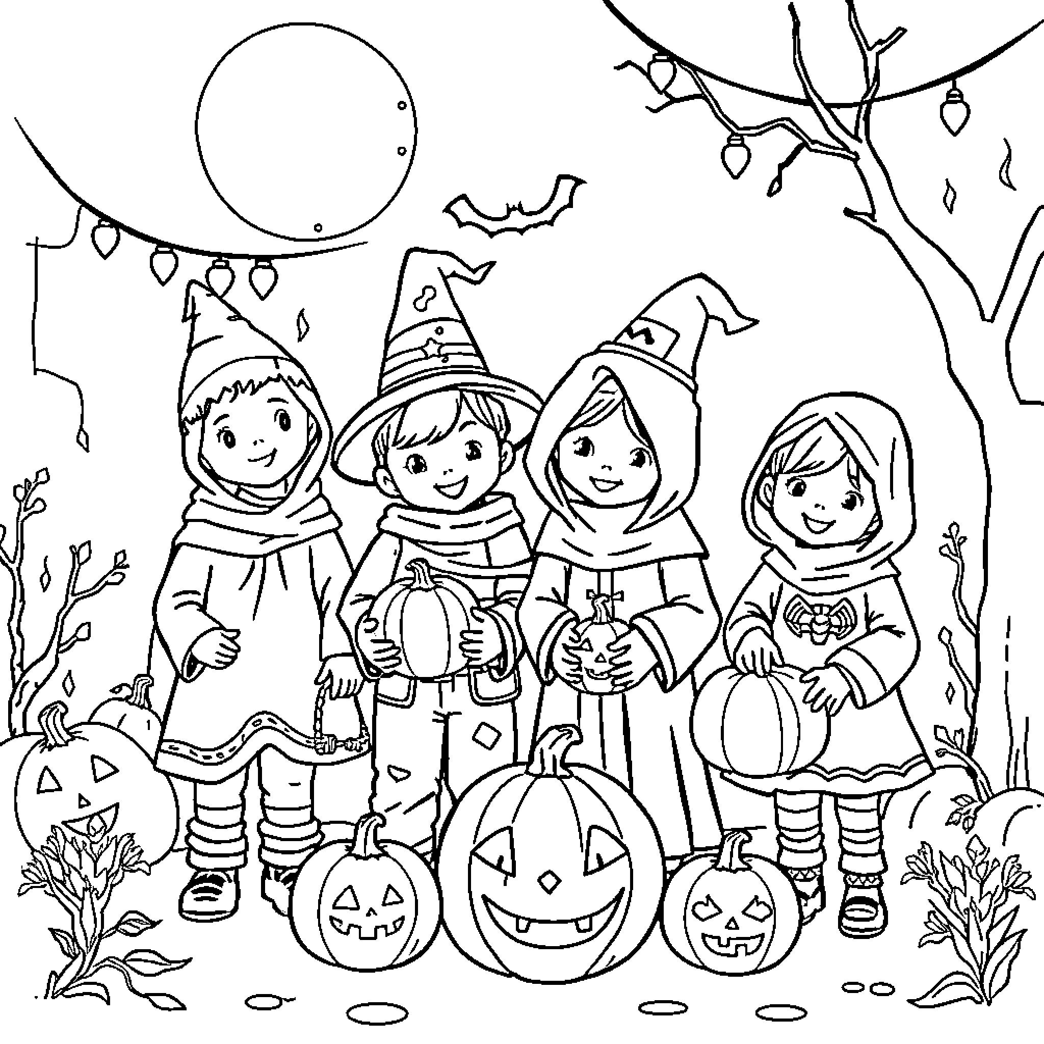 Halloween fun with costumed children Coloring Page (free black-and-white line drawing printable PDF for all, from beginners to advanced learners, including children, teens, adults, and seniors)