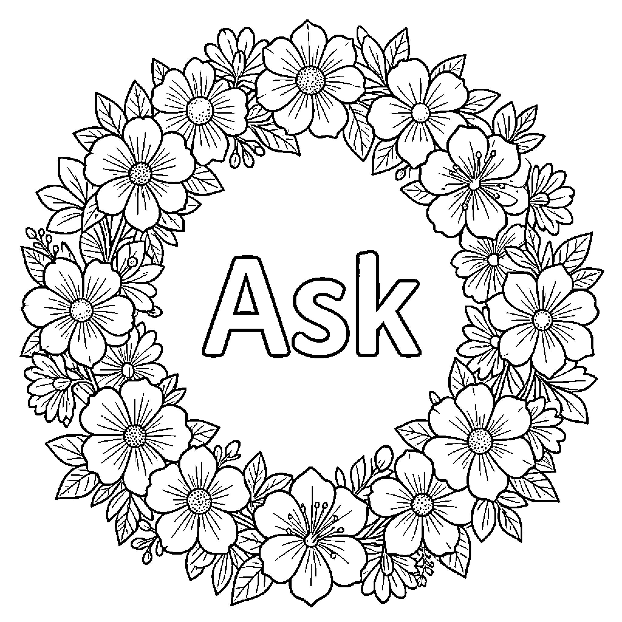 Ask text centered inside a floral wreath Coloring Page (free black-and-white line drawing printable PDF for all, from beginners to advanced learners, including children, teens, adults, and seniors)