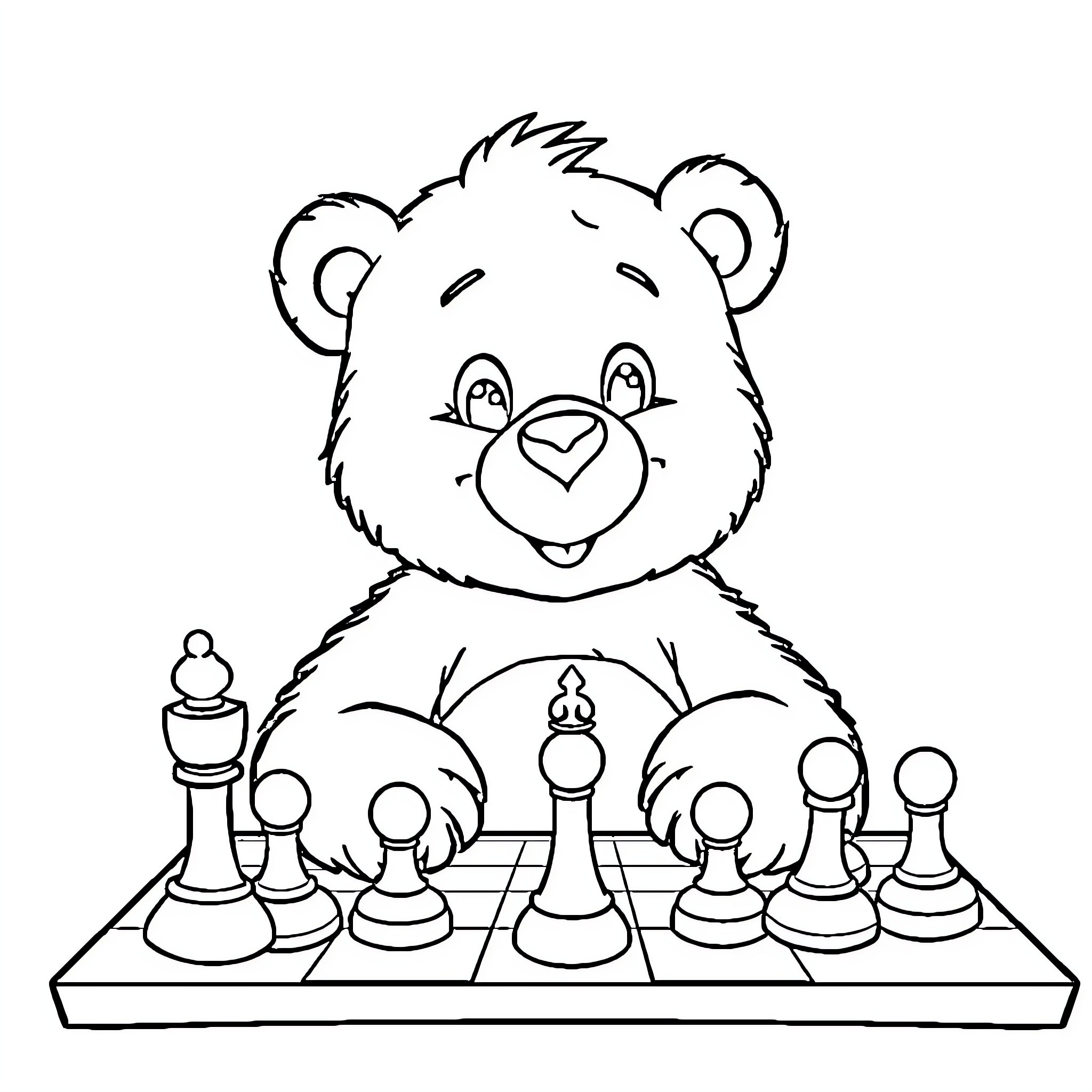 Carebear playing with chess pieces Coloring Page (free black-and-white line drawing printable PDF for all, from beginners to advanced learners, including children, teens, adults, and seniors)