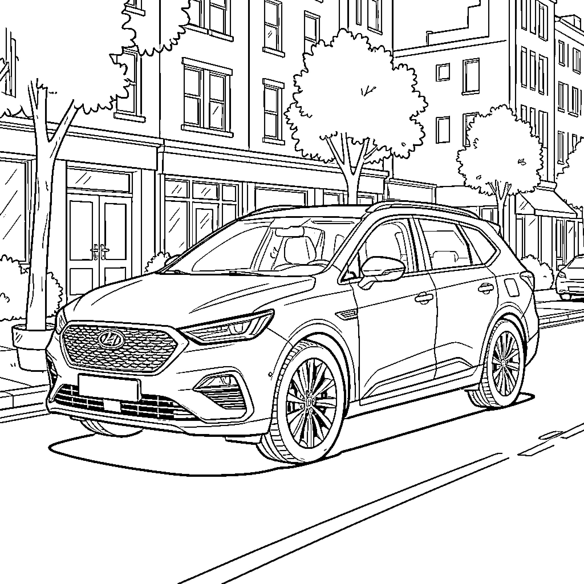 BYD Sealion driving through a peaceful city street Coloring Page (free black-and-white line drawing printable PDF for all, from beginners to advanced learners, including children, teens, adults, and seniors)