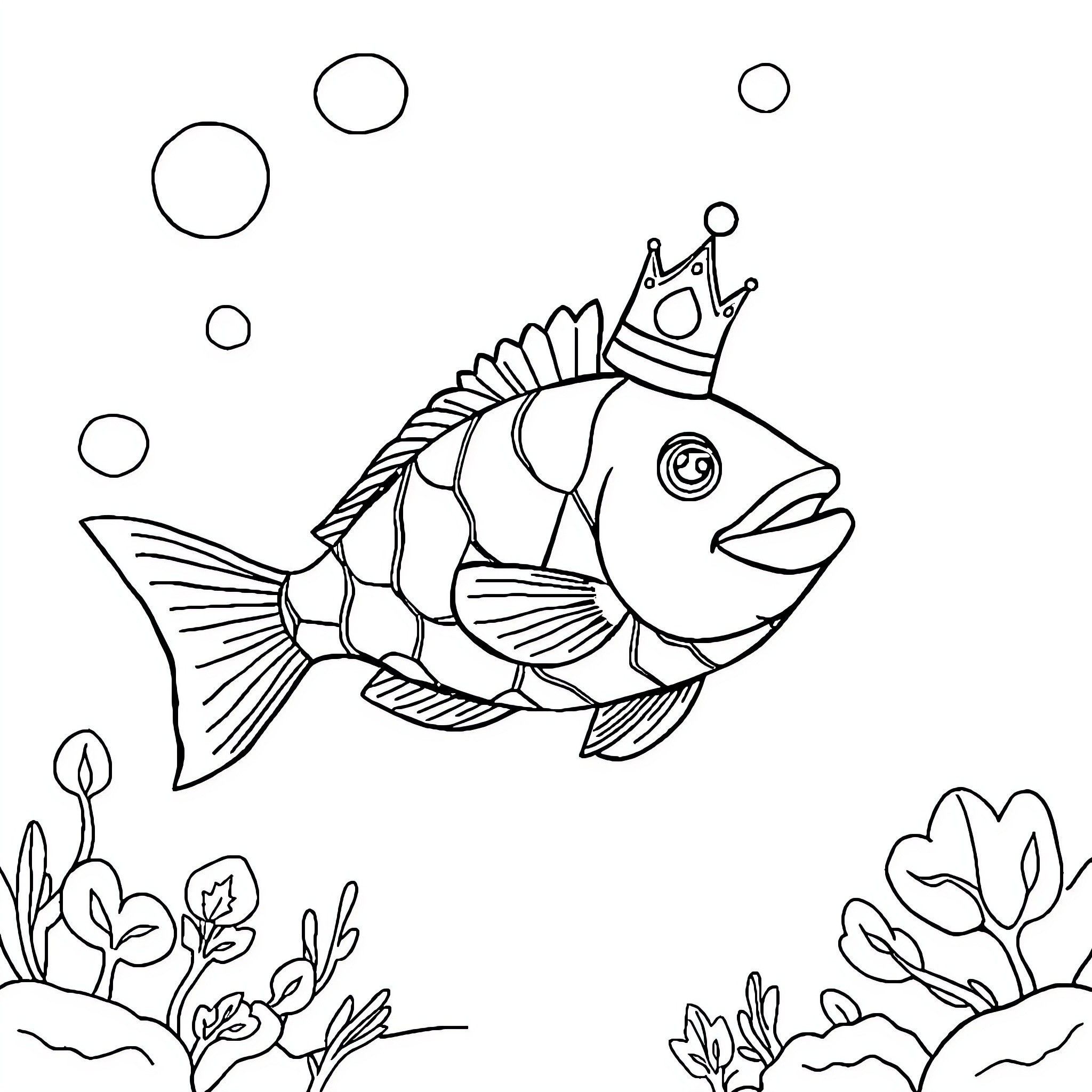 Fish with crown swimming in aquatic scene Coloring Page (free black-and-white line drawing printable PDF for all, from beginners to advanced learners, including children, teens, adults, and seniors)
