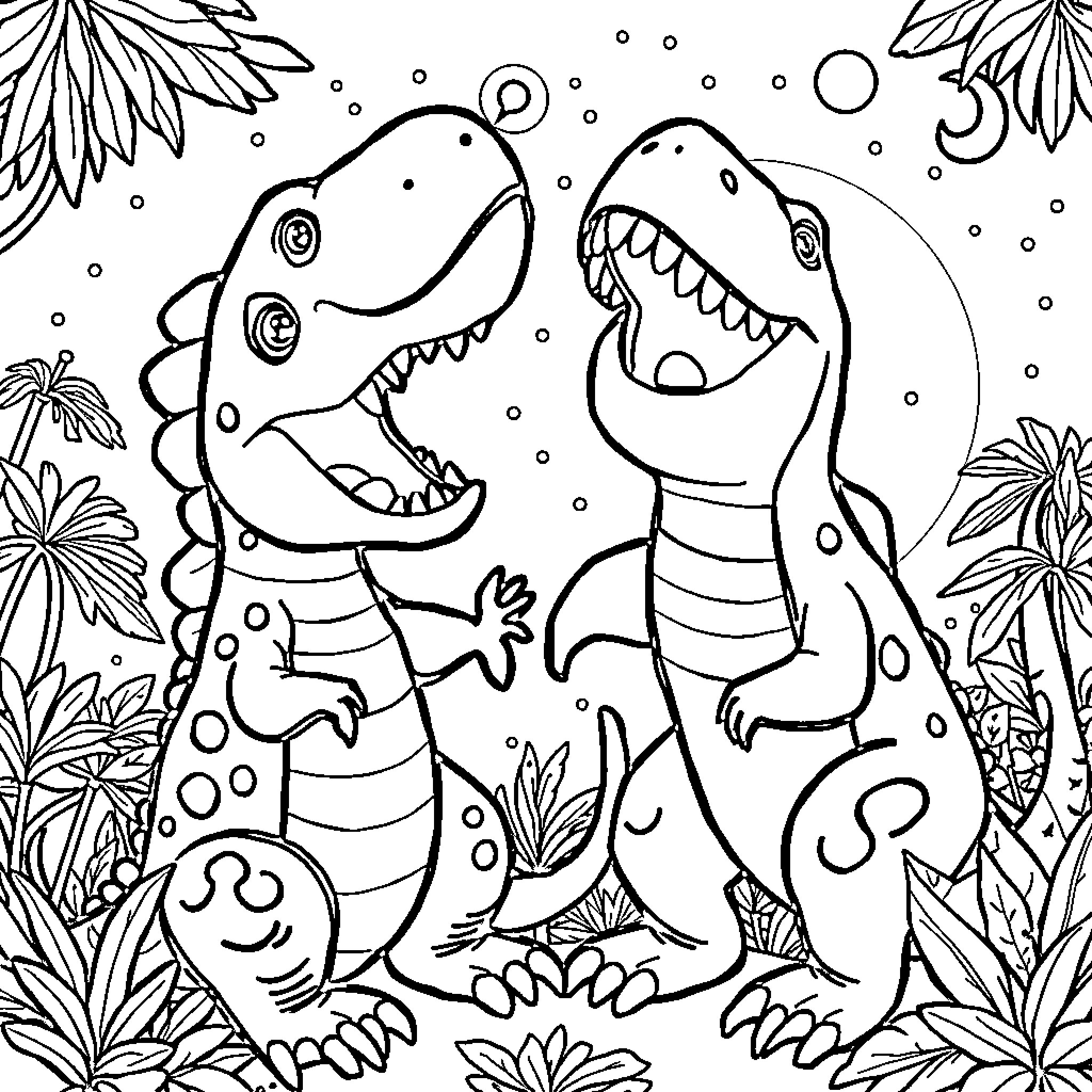 Dinosaurs Playing Joyfully in Tropical Paradise Coloring Page (free black-and-white line drawing printable PDF for all, from beginners to advanced learners, including children, teens, adults, and seniors)