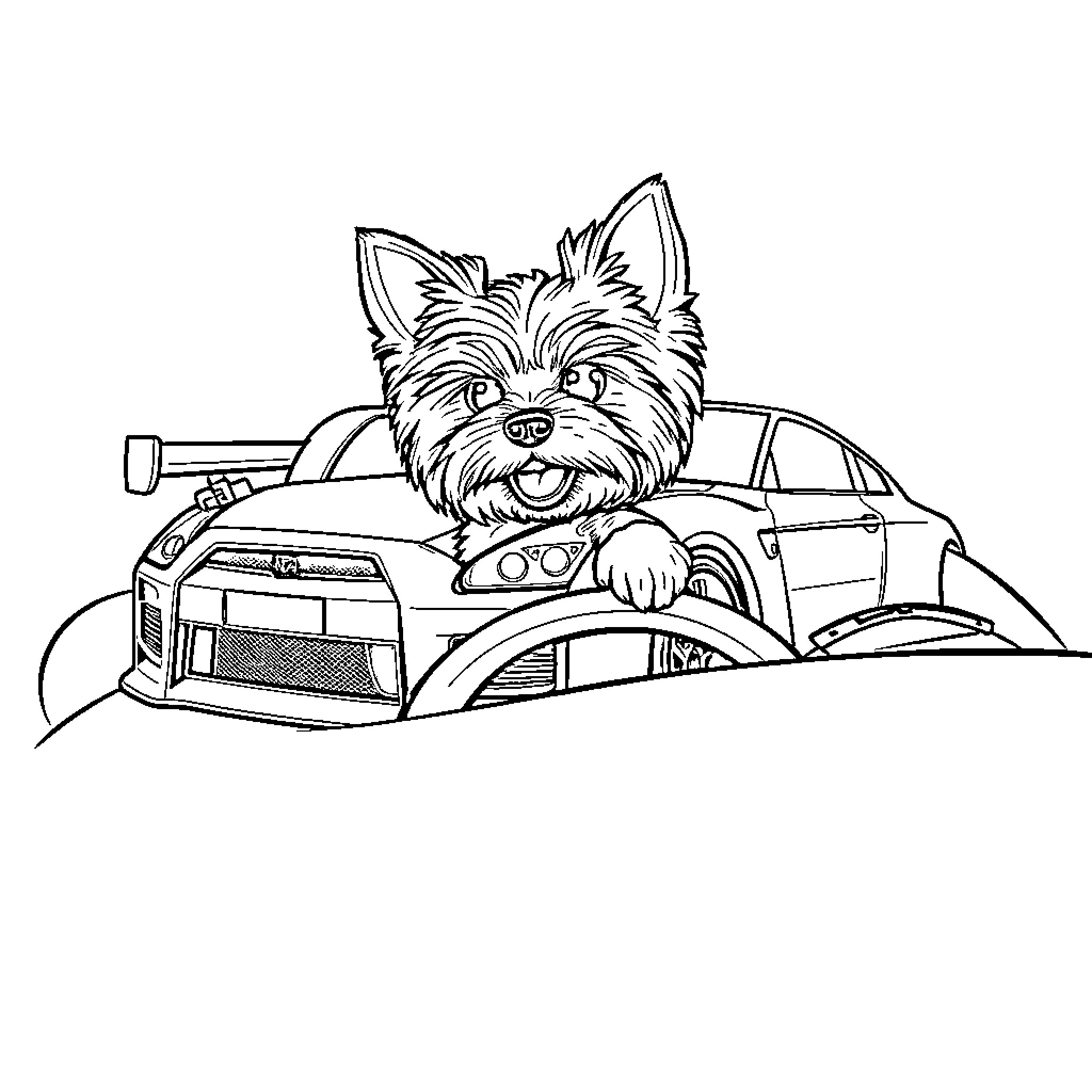 Yorkie driving a race car happily Coloring Page (free black-and-white line drawing printable PDF for all, from beginners to advanced learners, including children, teens, adults, and seniors)