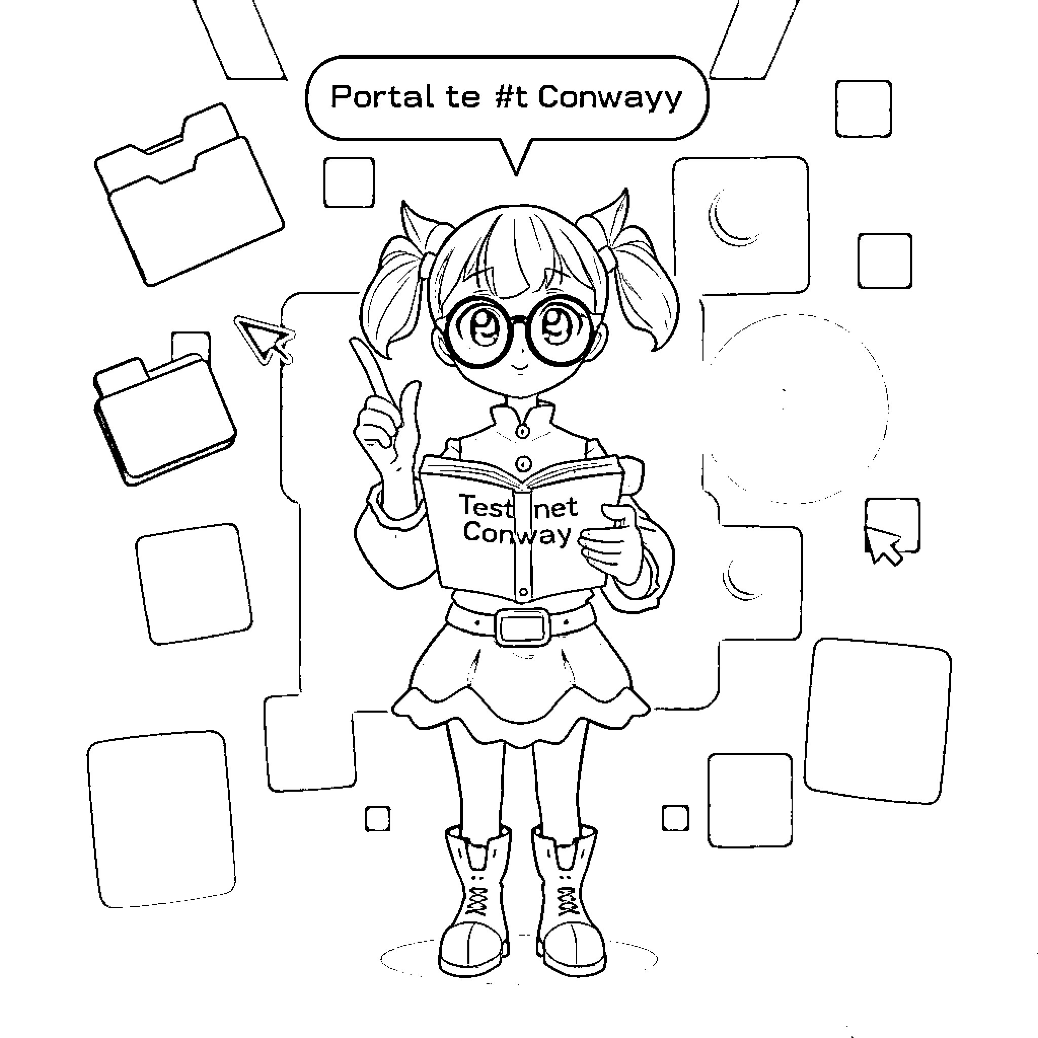 Librarian girl reading portal technology book Coloring Page (free black-and-white line drawing printable PDF for all, from beginners to advanced learners, including children, teens, adults, and seniors)