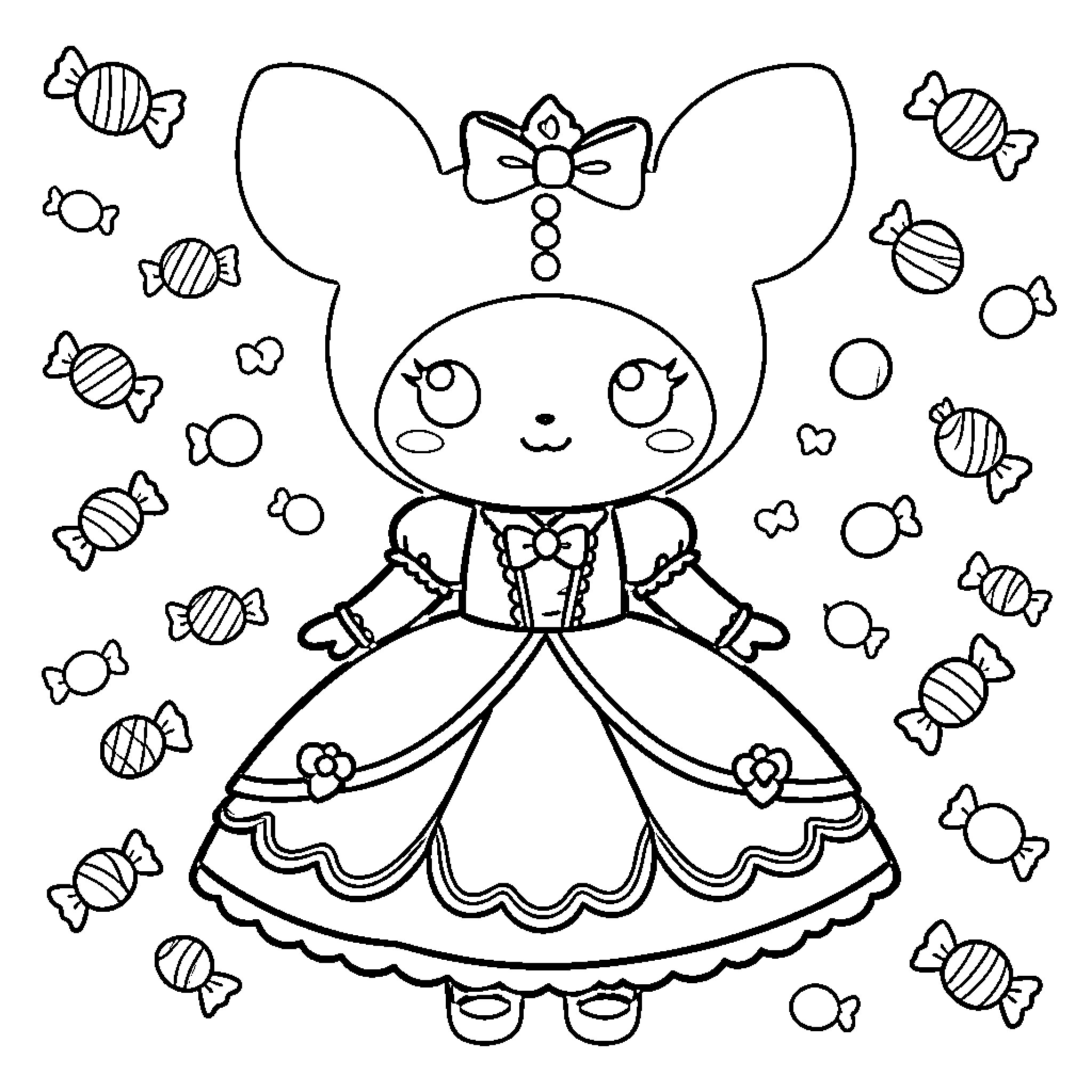 Kuromi in Adorable Dress with Candies Coloring Page (free black-and-white line drawing printable PDF for all, from beginners to advanced learners, including children, teens, adults, and seniors)