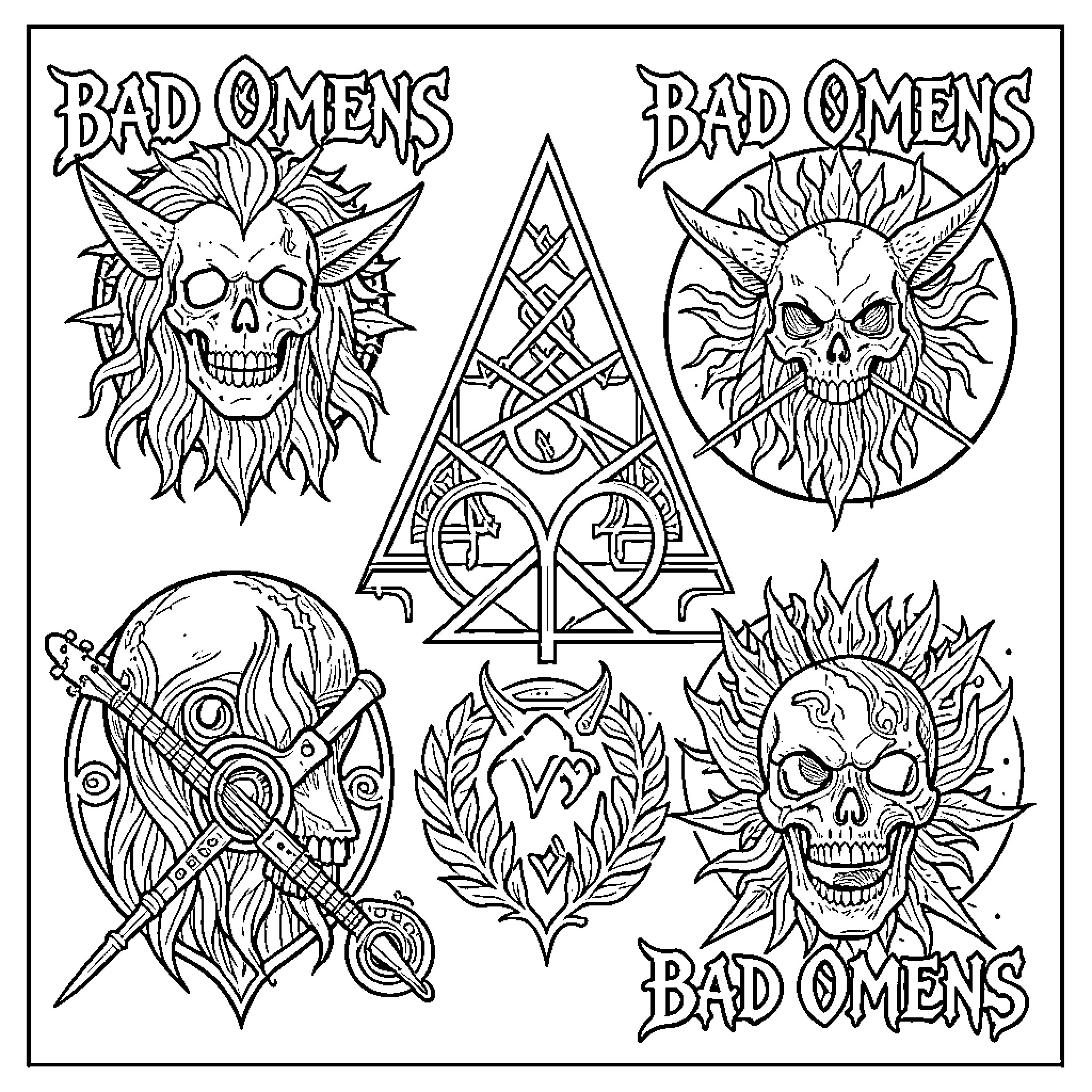 Bad Omens: Detailed Skull Imagery and Symbolic Designs Coloring Page (free black-and-white line drawing printable PDF for all, from beginners to advanced learners, including children, teens, adults, and seniors)