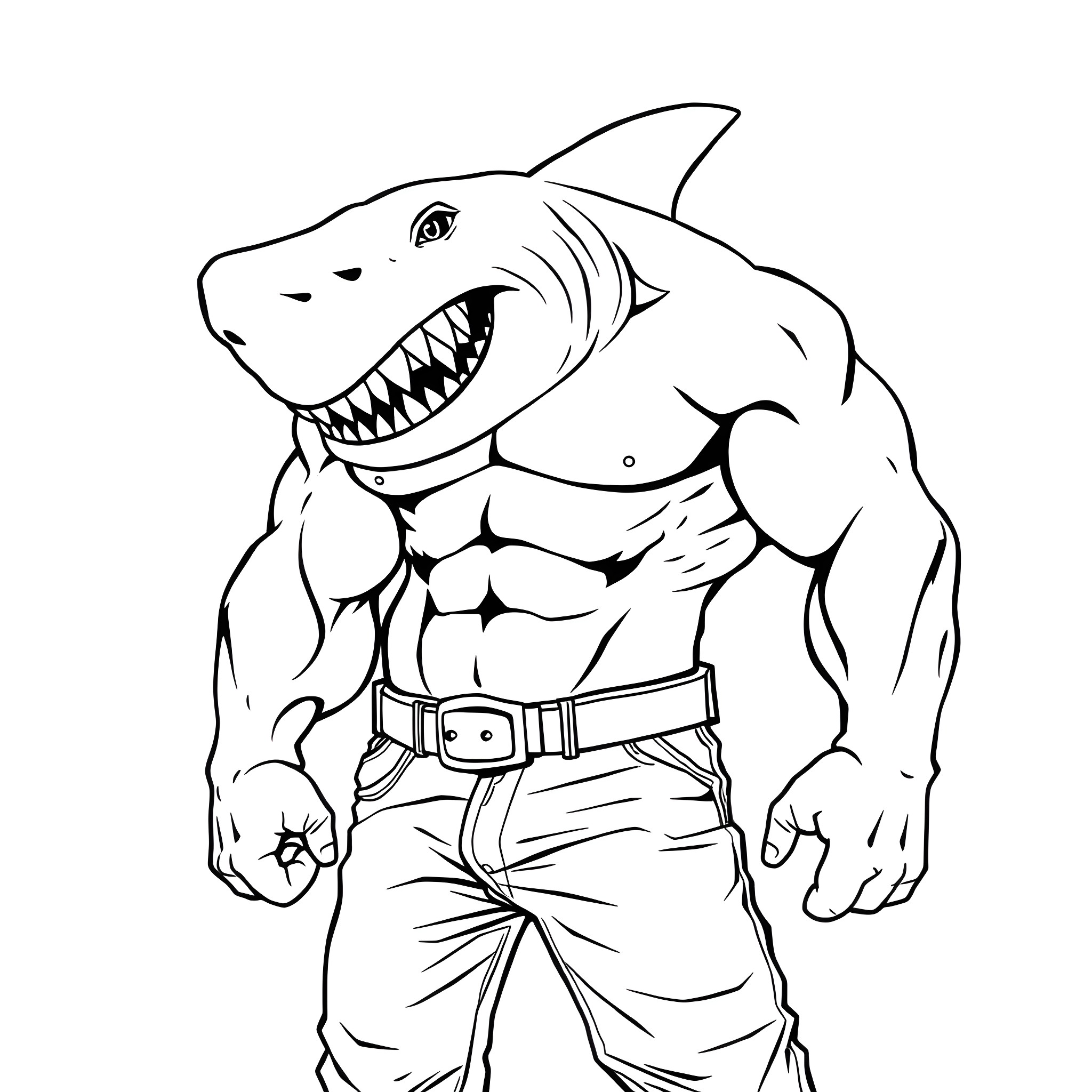 Shark with muscular physique and fierce expression Coloring Page (free black-and-white line drawing printable PDF for all, from beginners to advanced learners, including children, teens, adults, and seniors)