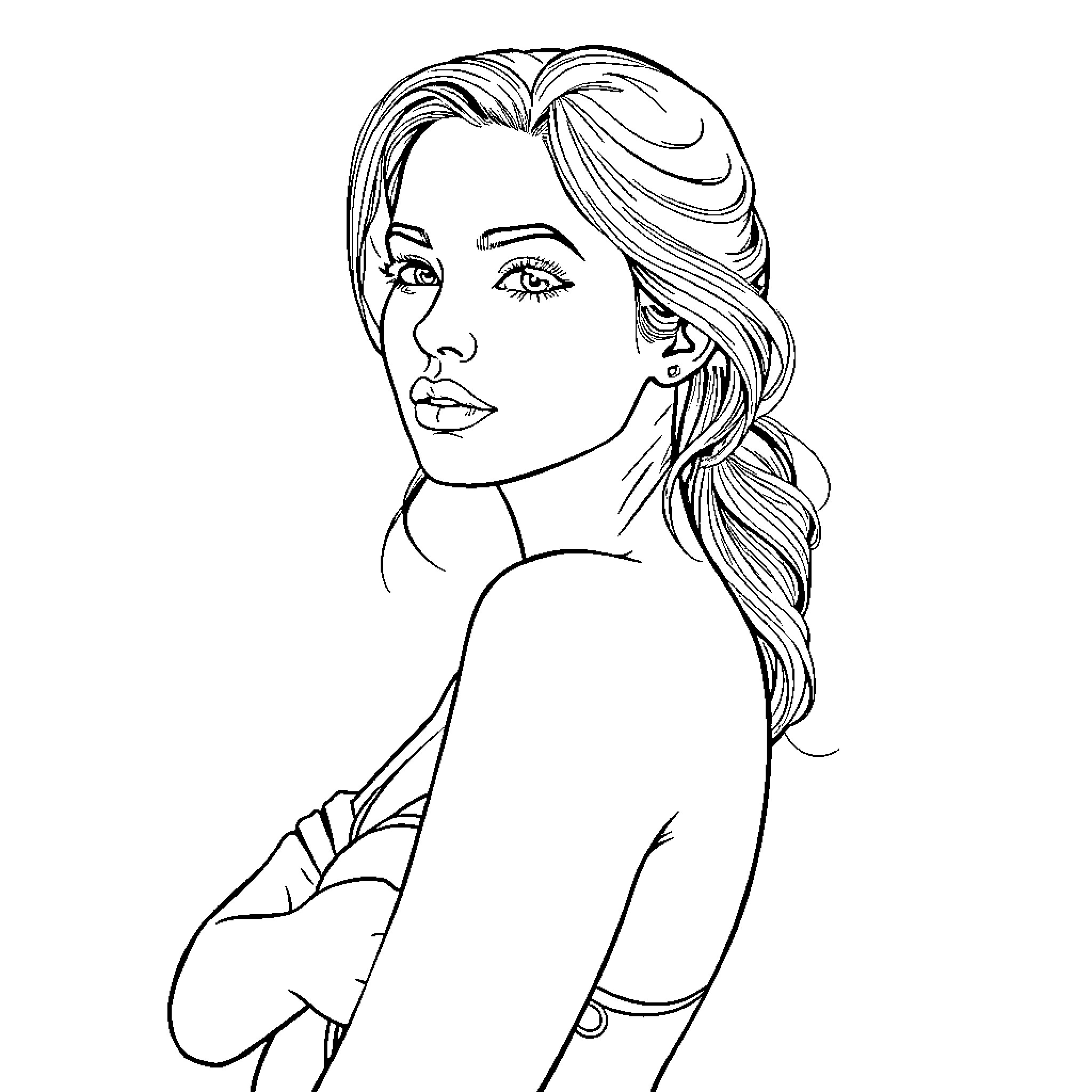 Girl with thoughtful expression and wavy hair Coloring Page (free black-and-white line drawing printable PDF for all, from beginners to advanced learners, including children, teens, adults, and seniors)