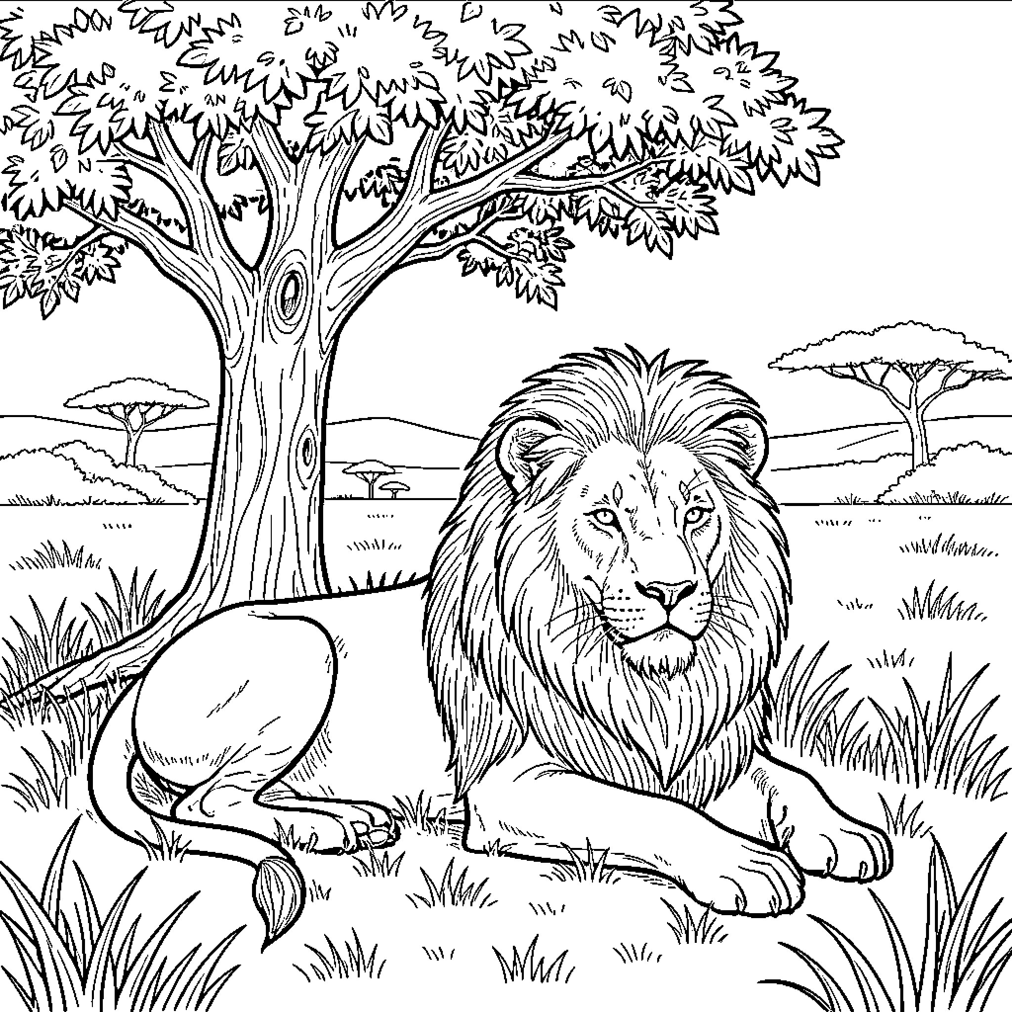 Lion resting in a lush African savannah Coloring Page (free black-and-white line drawing printable PDF for all, from beginners to advanced learners, including children, teens, adults, and seniors)