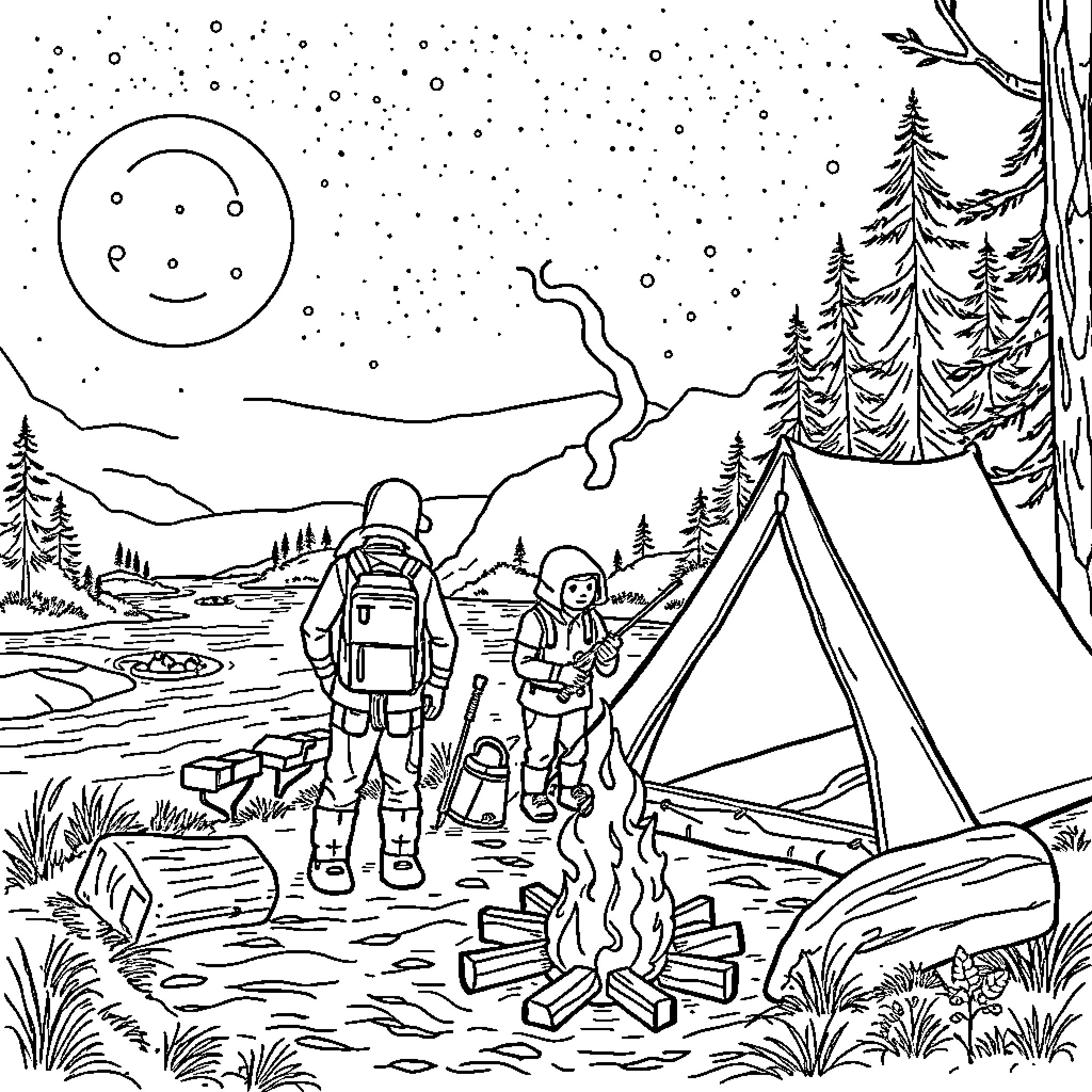 Castor's Camping Adventure in the Snowy Forest Coloring Page (free black-and-white line drawing printable PDF for all, from beginners to advanced learners, including children, teens, adults, and seniors)